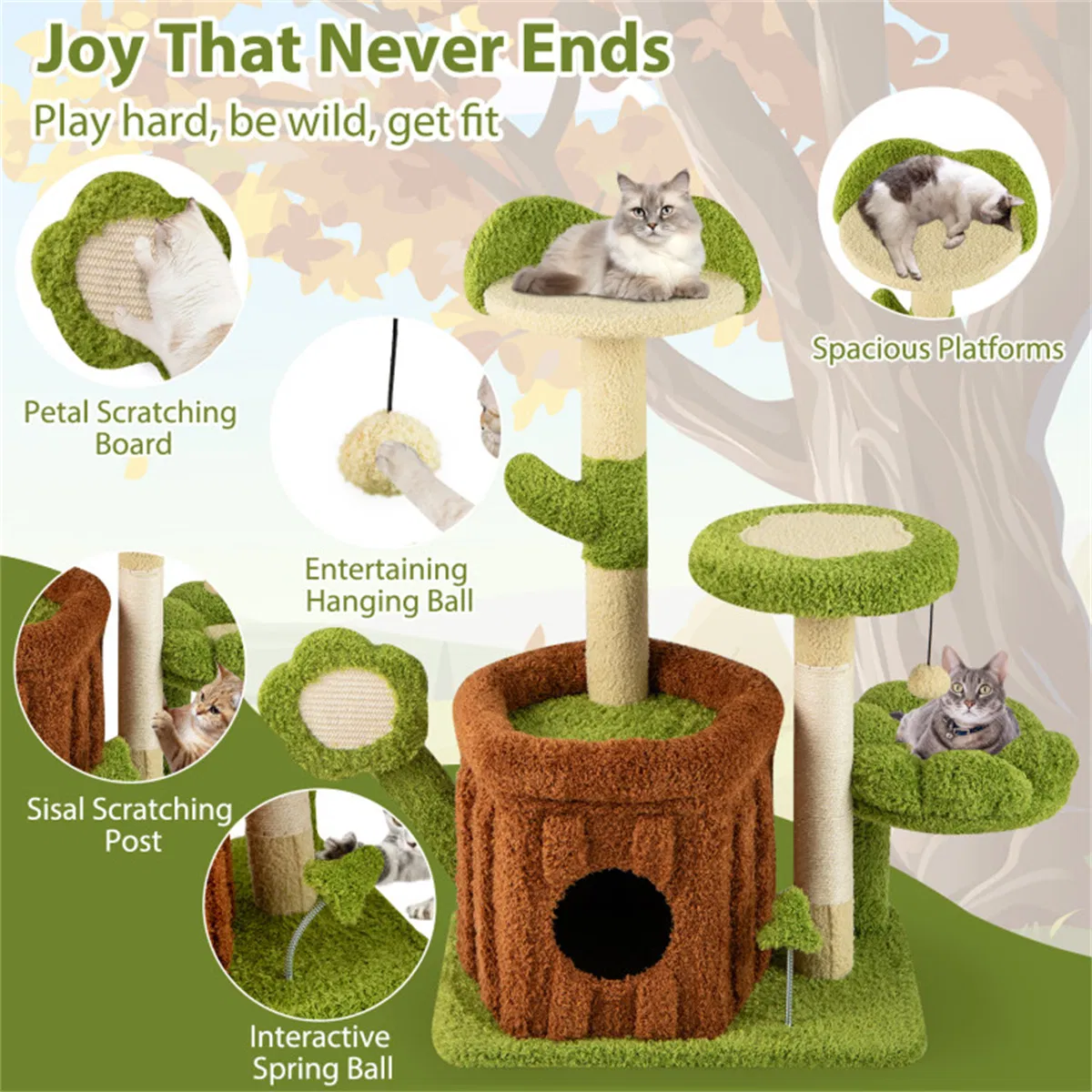 36" Jungle Theme Cat Tree - Washable Peach Skin, Sisal Scratching Post & Interactive Toys — image 6