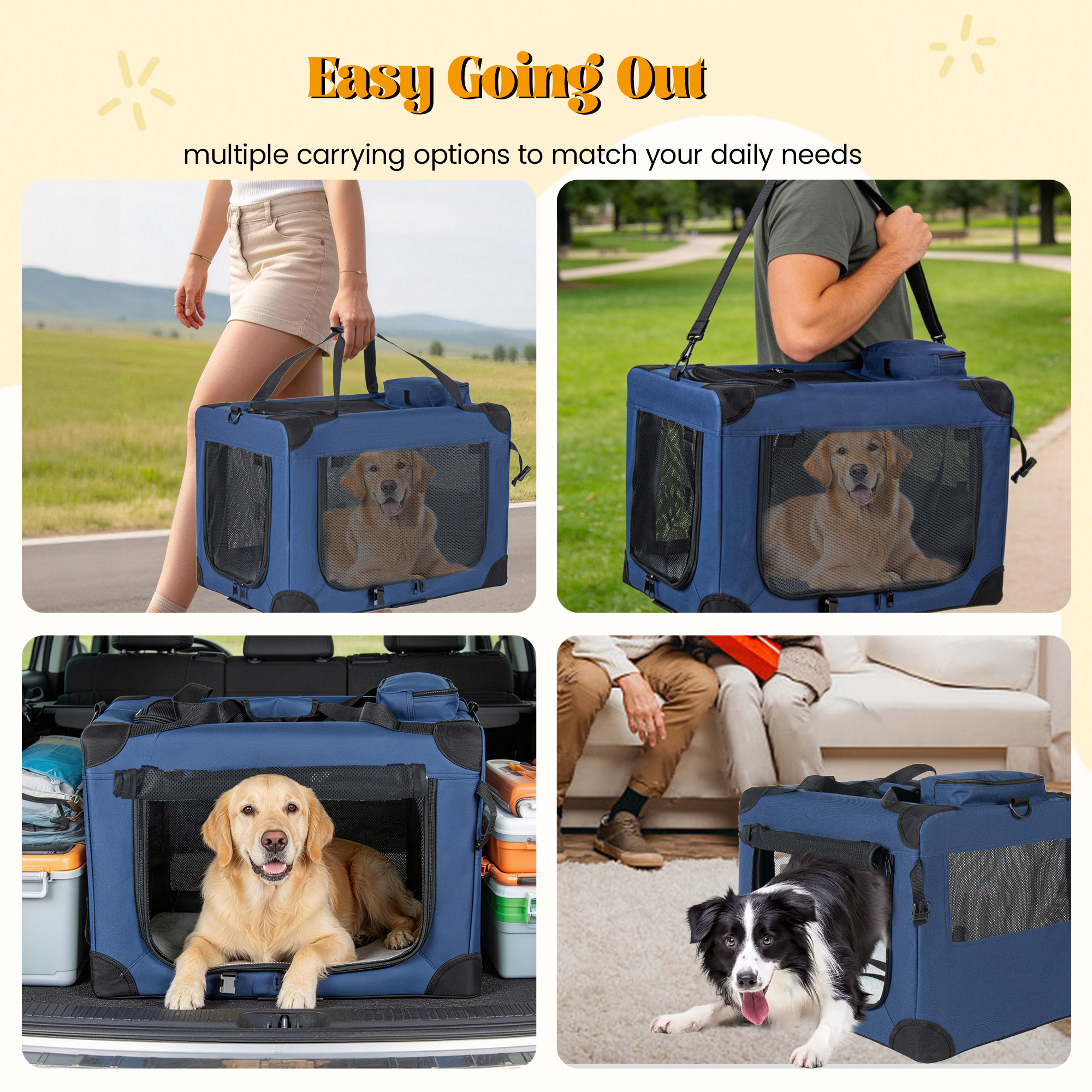 Jaula Blanda para Perro de 36", Transportadora Plegable de 3 Puertas con Ventanas de Malla, Correas y Tapete de Felpa para Perros, Gatos y Conejos, Ideal para Interior, Exterior y Viajes, Azul Oscuro — imagen 2
