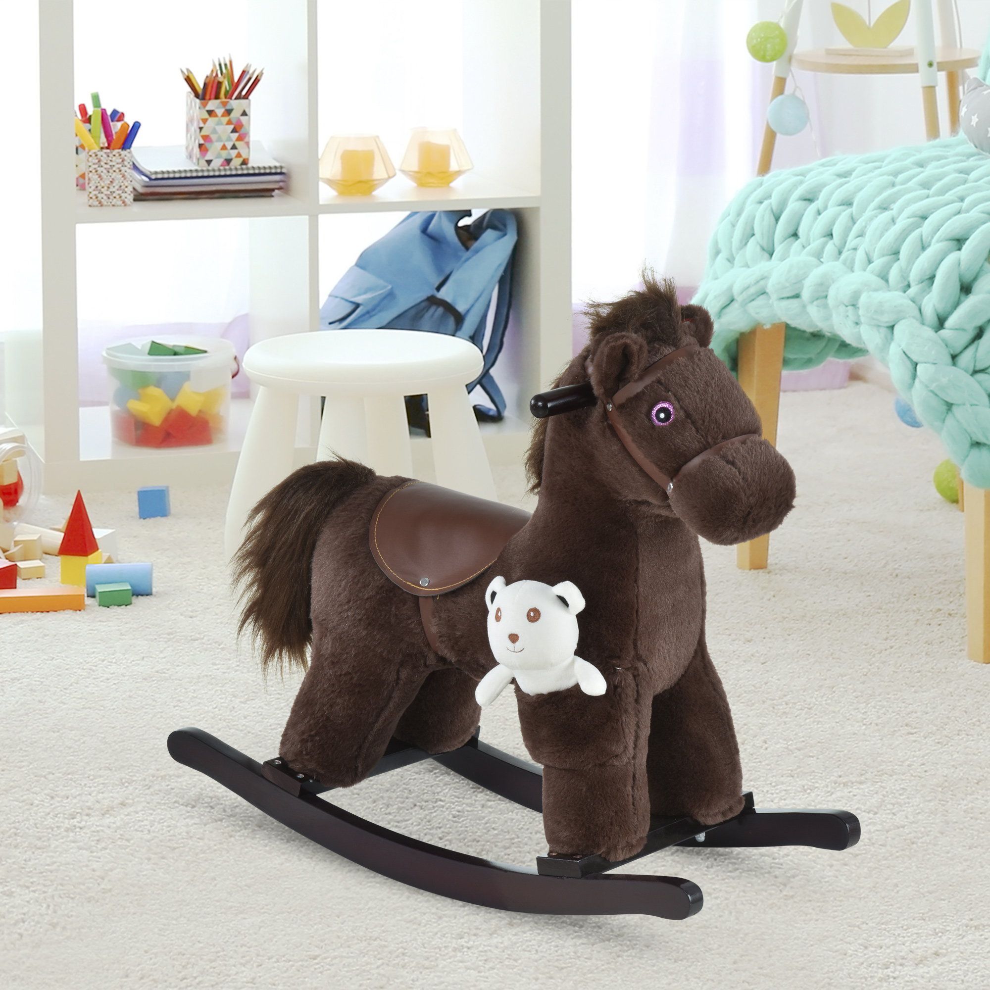Kids Rocking Horse with Bear Toy, Plush Animal Rocker with Fun Realistic Sounds for Toddler 18-36 Months, Brown — image 3