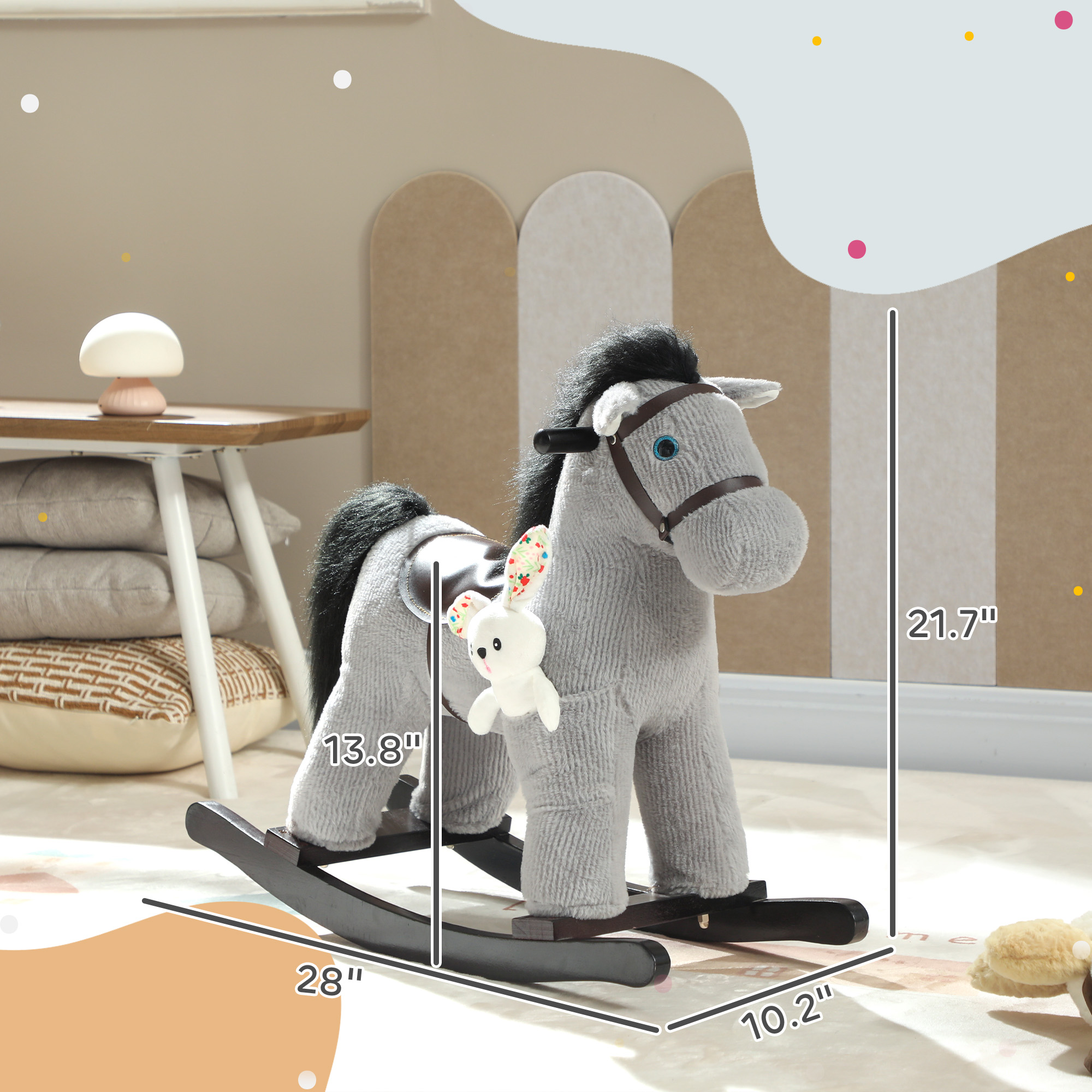 Caballo de Madera para Niños, Montura Plush con Sonidos de Caballo y Juego para Edad 2-5 Años, Gris — imagen 6