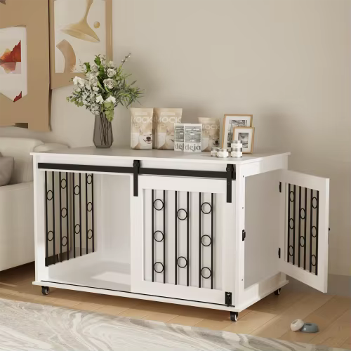 39.37'' White Indoor Dog Crate End Table - Wooden Kennel with Sliding Barn Door, Side Door & Lockable Wheels for Small/Medium Do — image 4