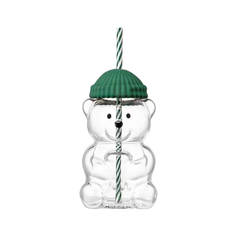 Taza de vidrio en forma de oso de peluche animado para Navidad - Taza con paja grande capacidad — imagen 2