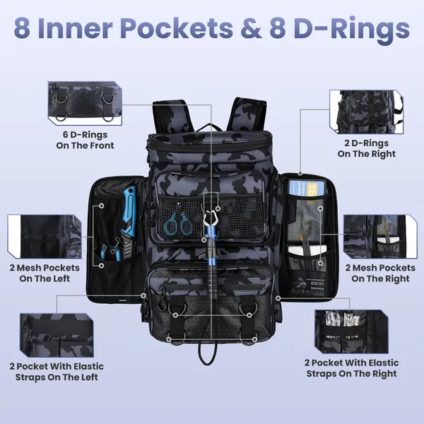 Mochila de Pesca de 11Gal, Bolsa de Almacenamiento de Aparejos de Gran Capacidad con Portacañas, 16 Bolsillos, Resistente al Agua, con Divisor y Correas Acolchadas Ajustables para Equipo de Pesca, Camping y Senderismo — imagen 6