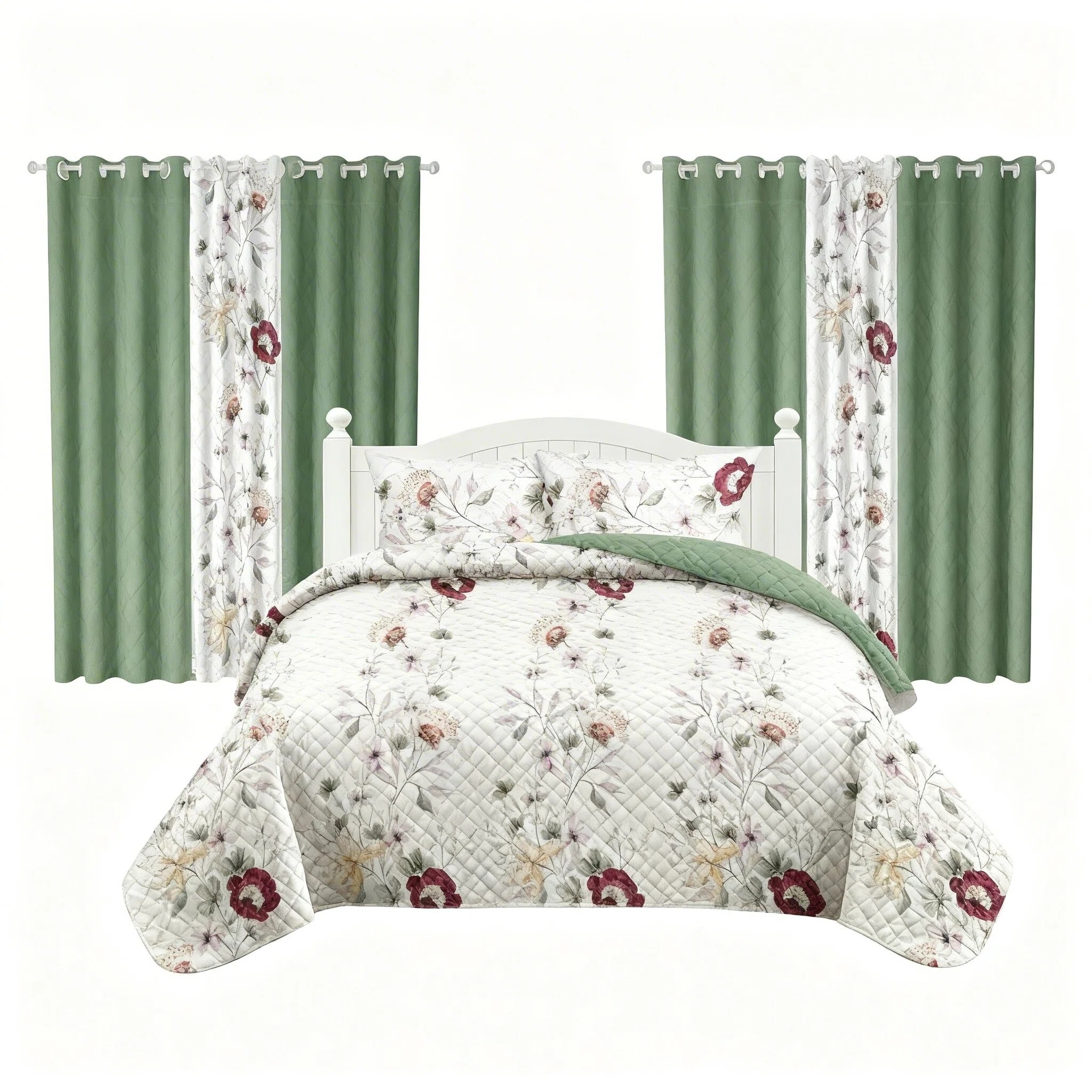 Juego de Edredón y Cortinas Room In A Bag de 9 Piezas, Colcha Gruesa con Estampado Botánico Floral Verde Salvia de Diseñador de EE. UU. con 6 Paneles de Cortina Personalizables, Cubrecama de Alto GSM Apto para Mascotas — imagen 1