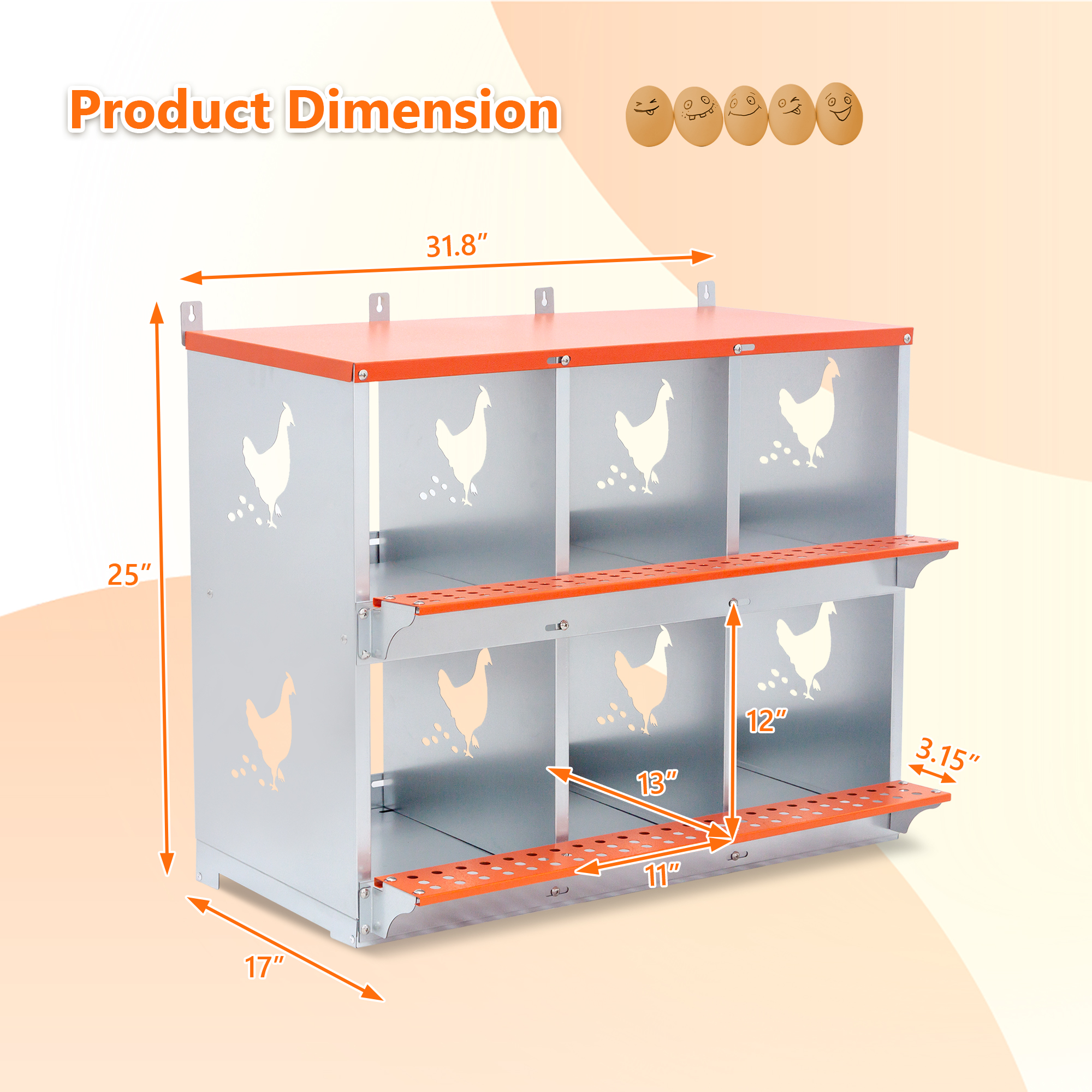 6-Bay Metal Nest Box-Wall Mount For Hens Ducks, Easy Egg Assembly, Vented Galvanized Steel Coop Equipment Orange — imagen 2