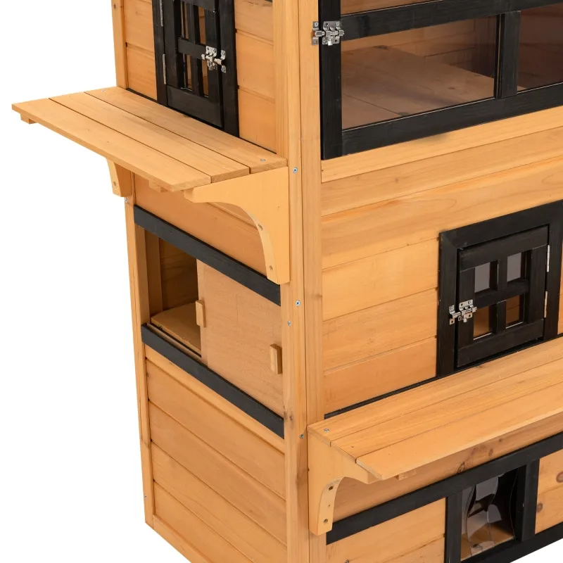 Refugio para Gatos de 3 Niveles con 5 Puertas de Escape, Resistente a la Intemperie, Amarillo y Negro — imagen 2