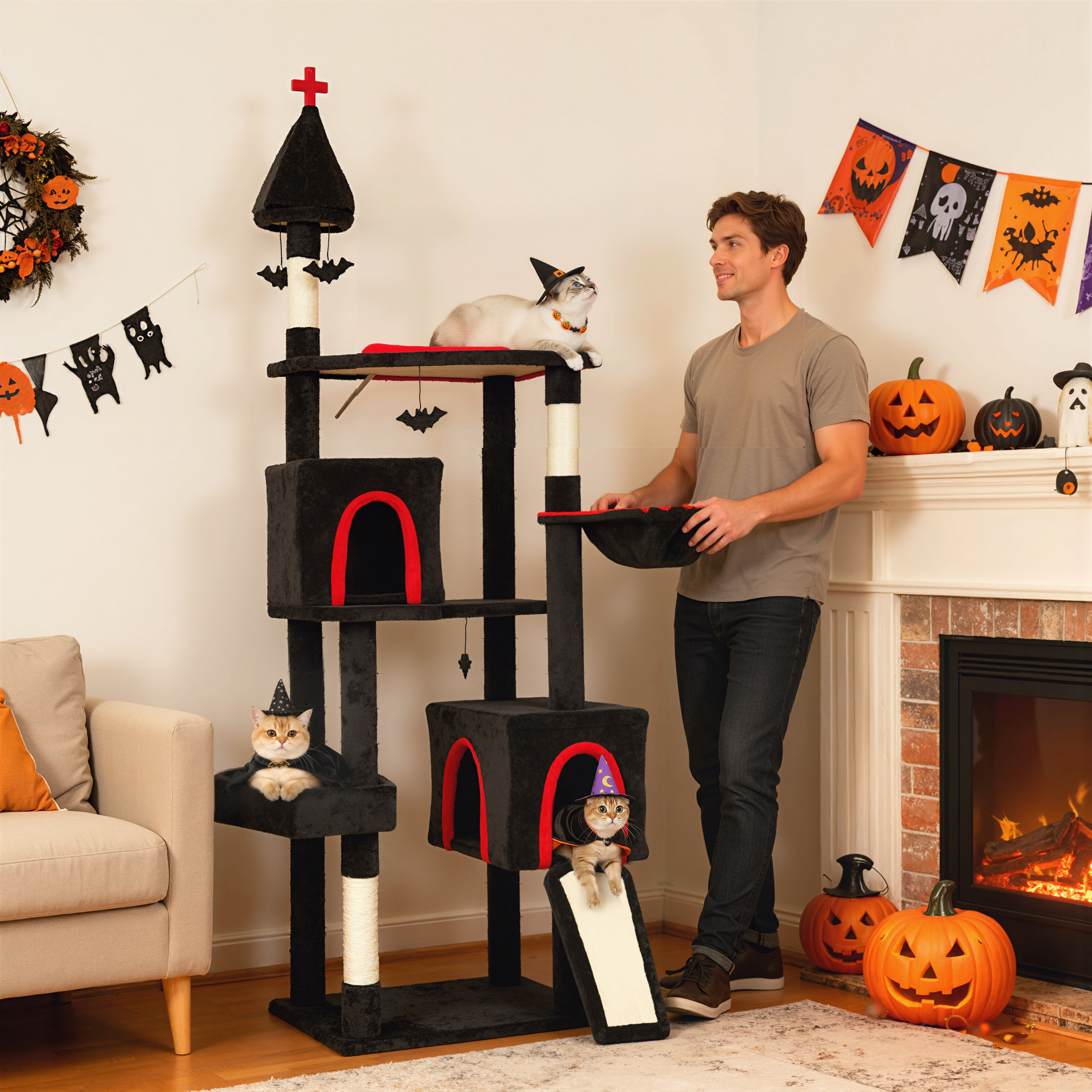 Árbol Gótico para Gatos de 78" con Caja de Tumba, 2 Condominios Espaciosos, Postes de Escarbar de Sisal, Bolas de Murciélagos y Decoración de Halloween — imagen 6