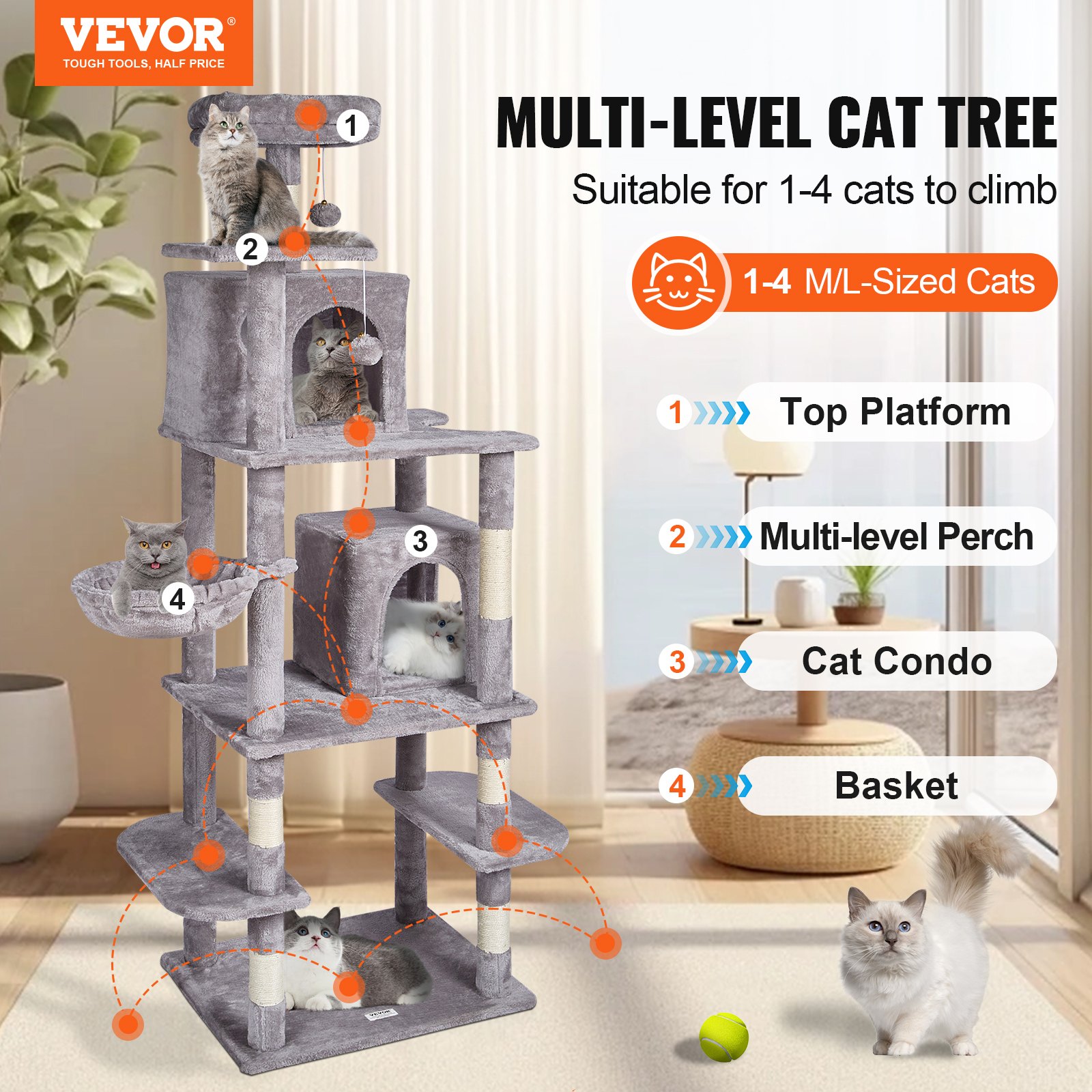 Cat Tree For Indoor Cats, 68.5" Cat Tower With 2 Cat Condos, Sisal Scratching Post, Hammock, Top Perch, Jumping Platforms, Large Cat Furniture Activity Center With Hang Ball, Light Grey — image 2