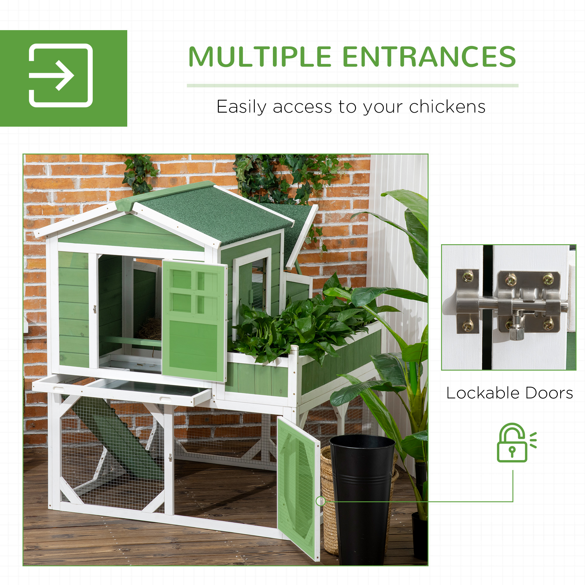Gallinero Pequeño de 49" con Espacio de Jardín, Corral Exterior para Gallinas con Protección Climática, para 2-4 Aves, Verde — imagen 4