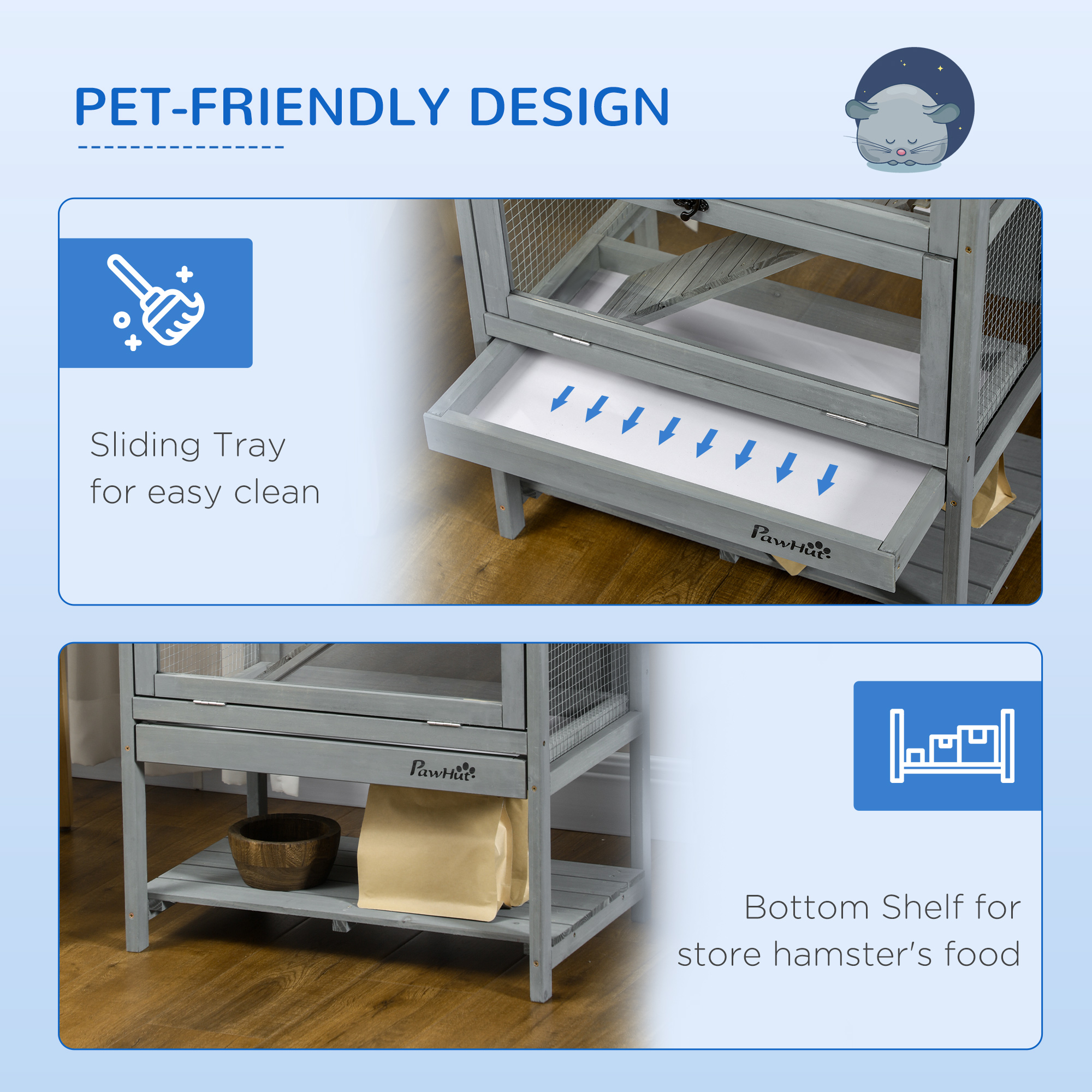 Caja de Madera para Hámsters con Estante de Almacenamiento, Gran Habitat para Ratas y Ratones con Señal de Vuelo, Caja para Pequeños Animales con Plataforma Deslizante, Rampas Anchas para Carreras, Rueda de Correr, 35.5" H — imagen 6