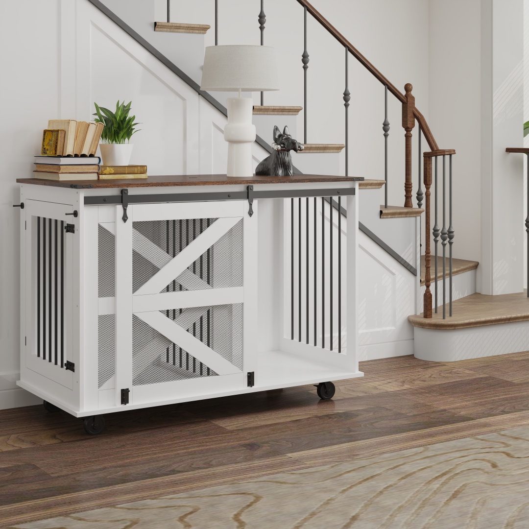 47.2 Mobile Dog Crate With Flip-Top Feeding Door, Dual-Access & 5 Caster System 2 Locking, Side Hooks - Multi-Functional Pet Kennel, double Dog Crate Furniture — image 19