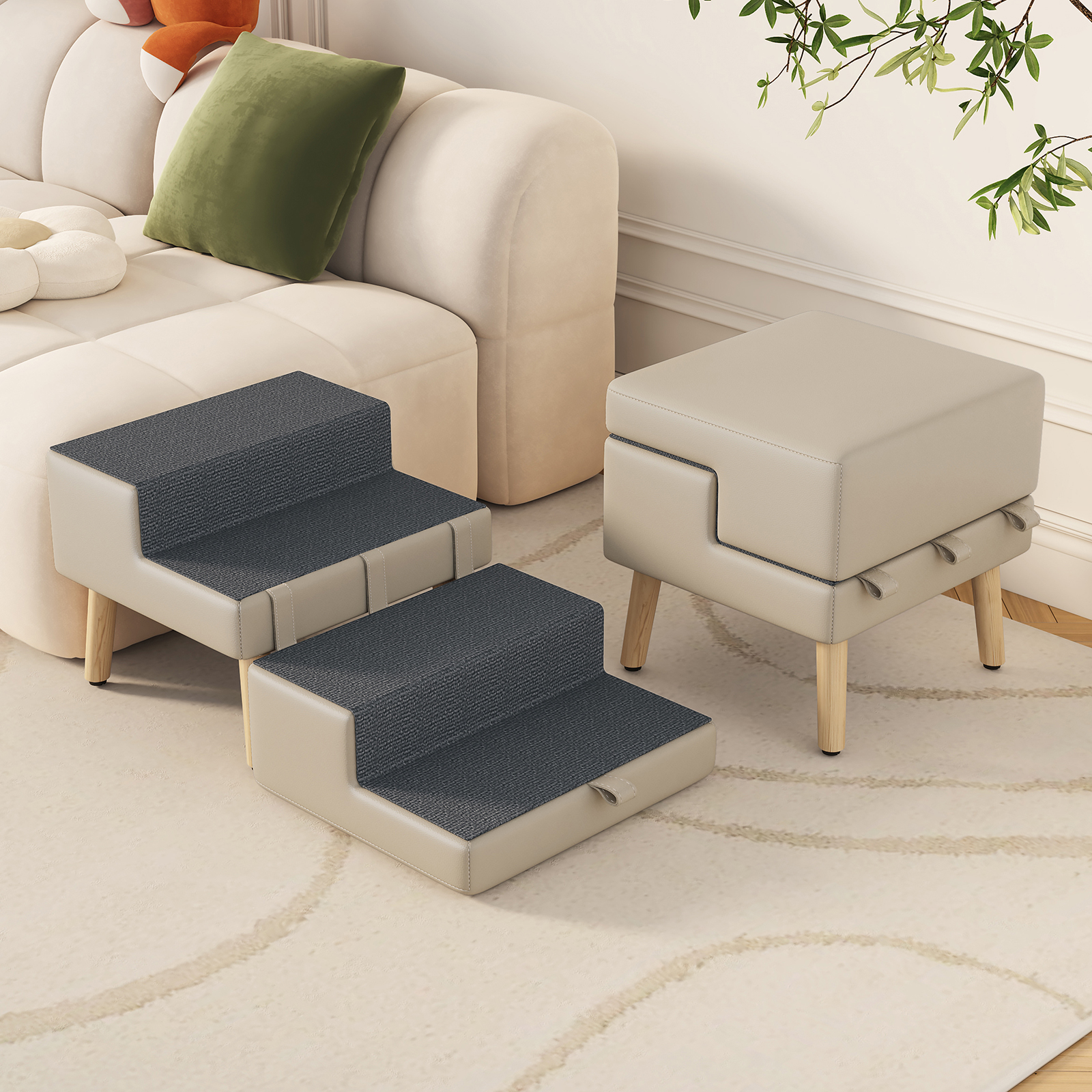 4-Step Ottoman Dog Stairs, 2-in-1 Foldable Pet Ramp for Bed, Dog Ramp for Small Puppy and Cats, Sturdy Wood Frame Support with Non-slip walking surface, Holds Up To 220lbs ( Light Grey Color ) — image 2