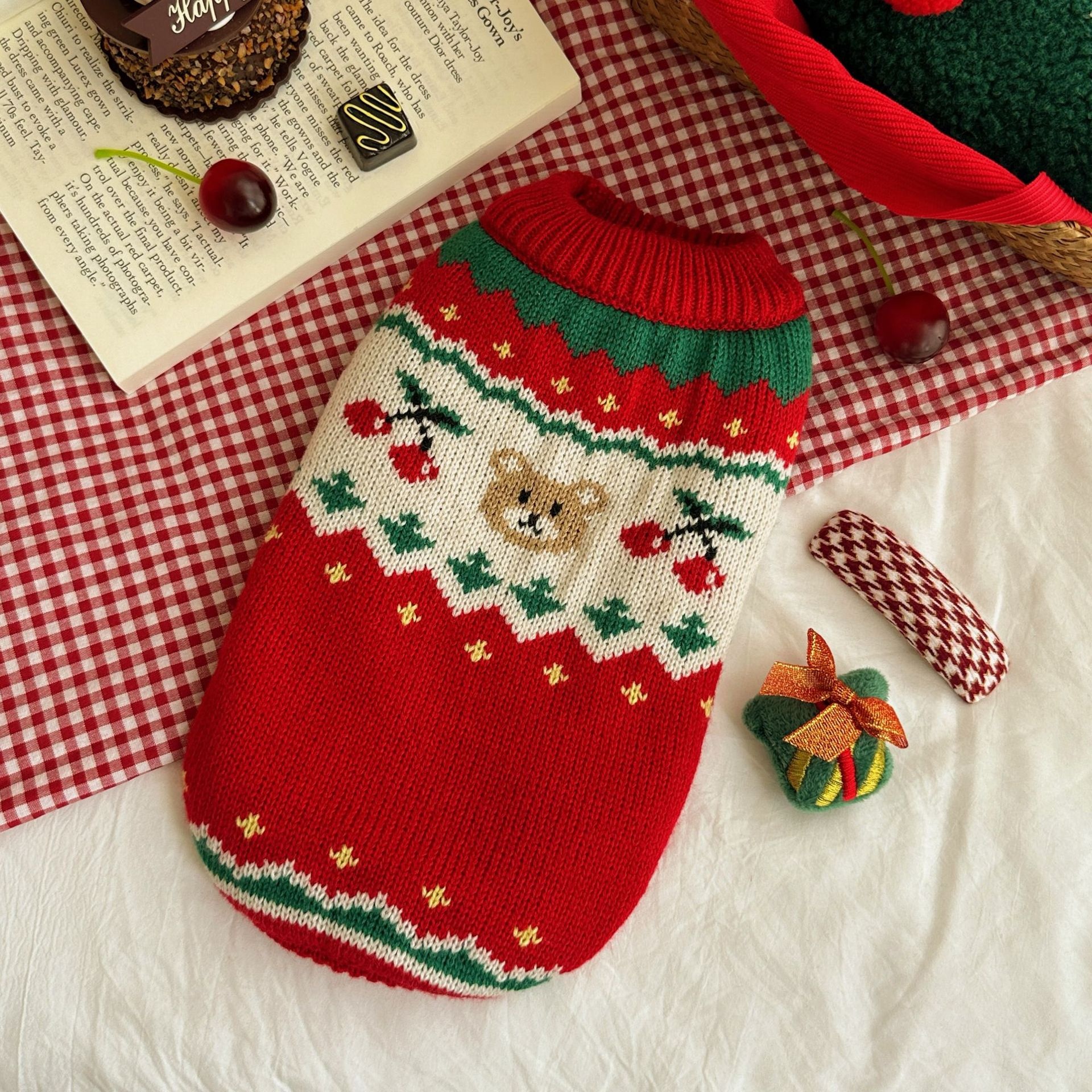 Christmas cherry pet sweater autumn and winter pet dog clothes small dog and cat warm — image 3
