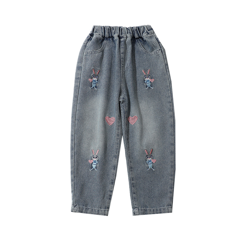 Cute Rabbit Heart Print Denim Pants for Girls — image 1