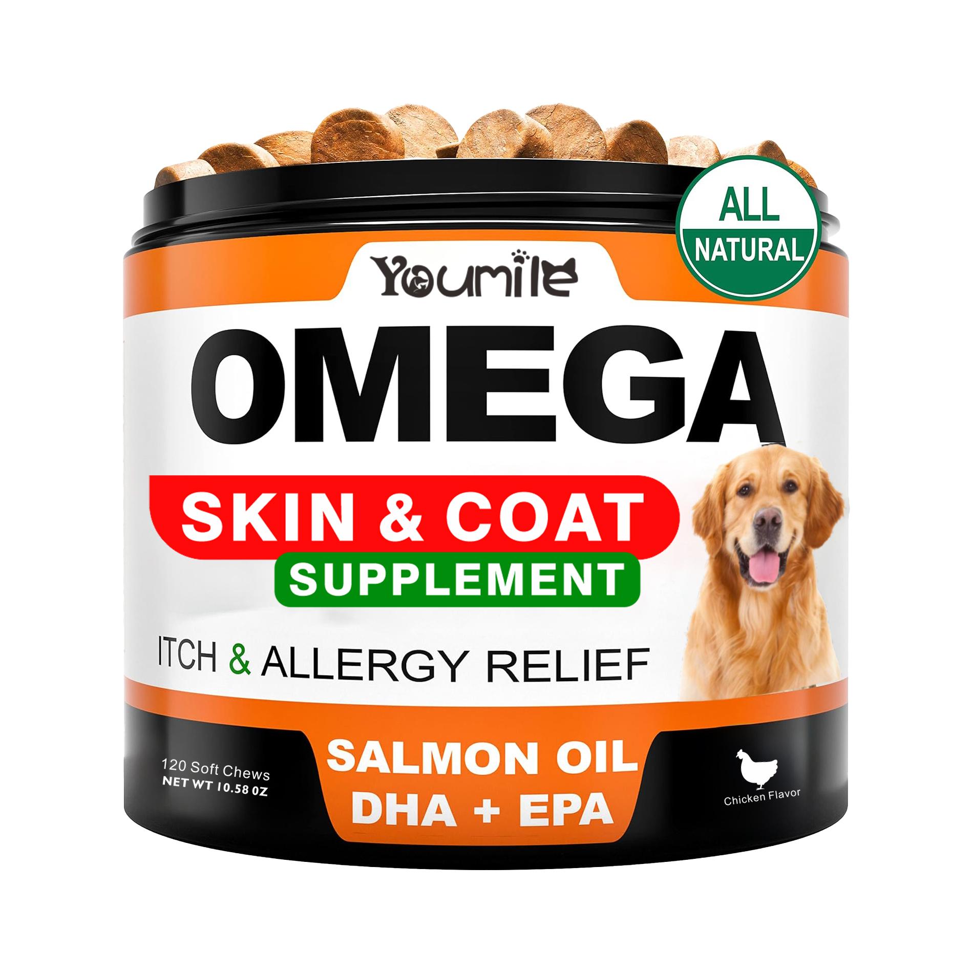 Youmile Omega 3 para Perros - 120Ct Suplementos de Aceite de Pescado con Sabor a Pollo - Alivio de Alergias y Comezón, Relieve de Pieles Secas y Costras - Tratamiento de Zonas Calientes y Pérdida de Pelaje - Chews Saludables para Cuidado de la Coat del Perro