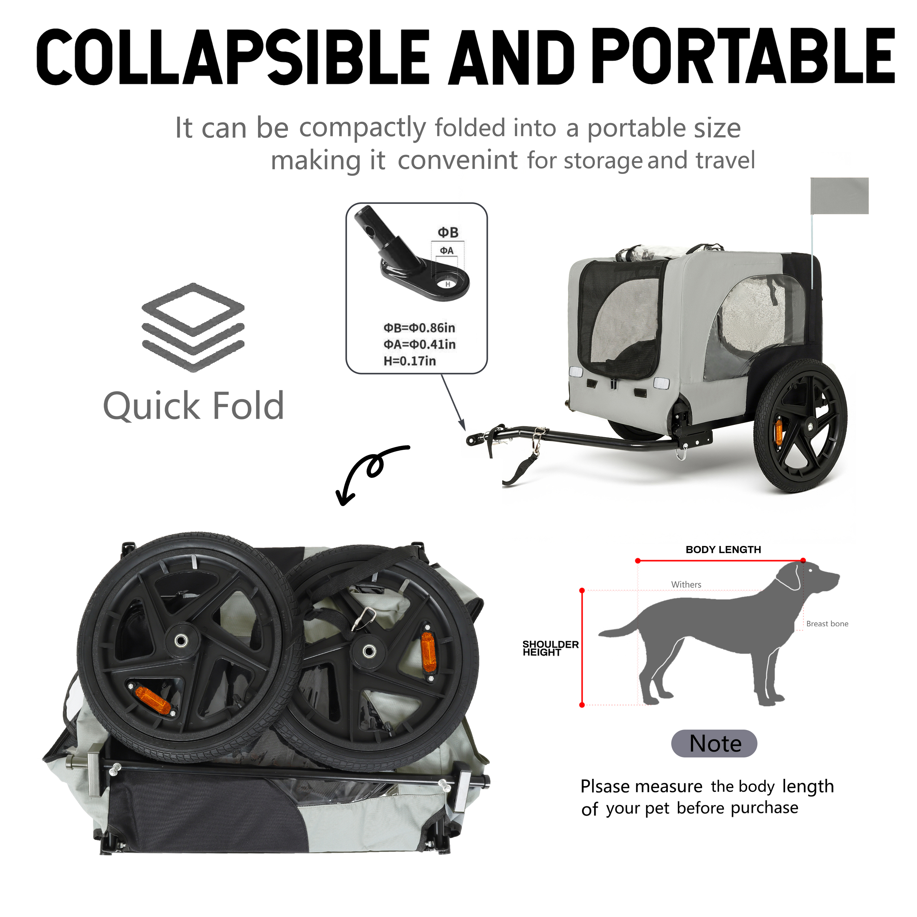 Outdoor Heavy Duty Collapsible Pet Bike Trailer With 16-Inch All-Terrain Wheels Universal Hitch Foldable Dog Cargo Carrier Cart For Bicycles, Black Grey — image 4