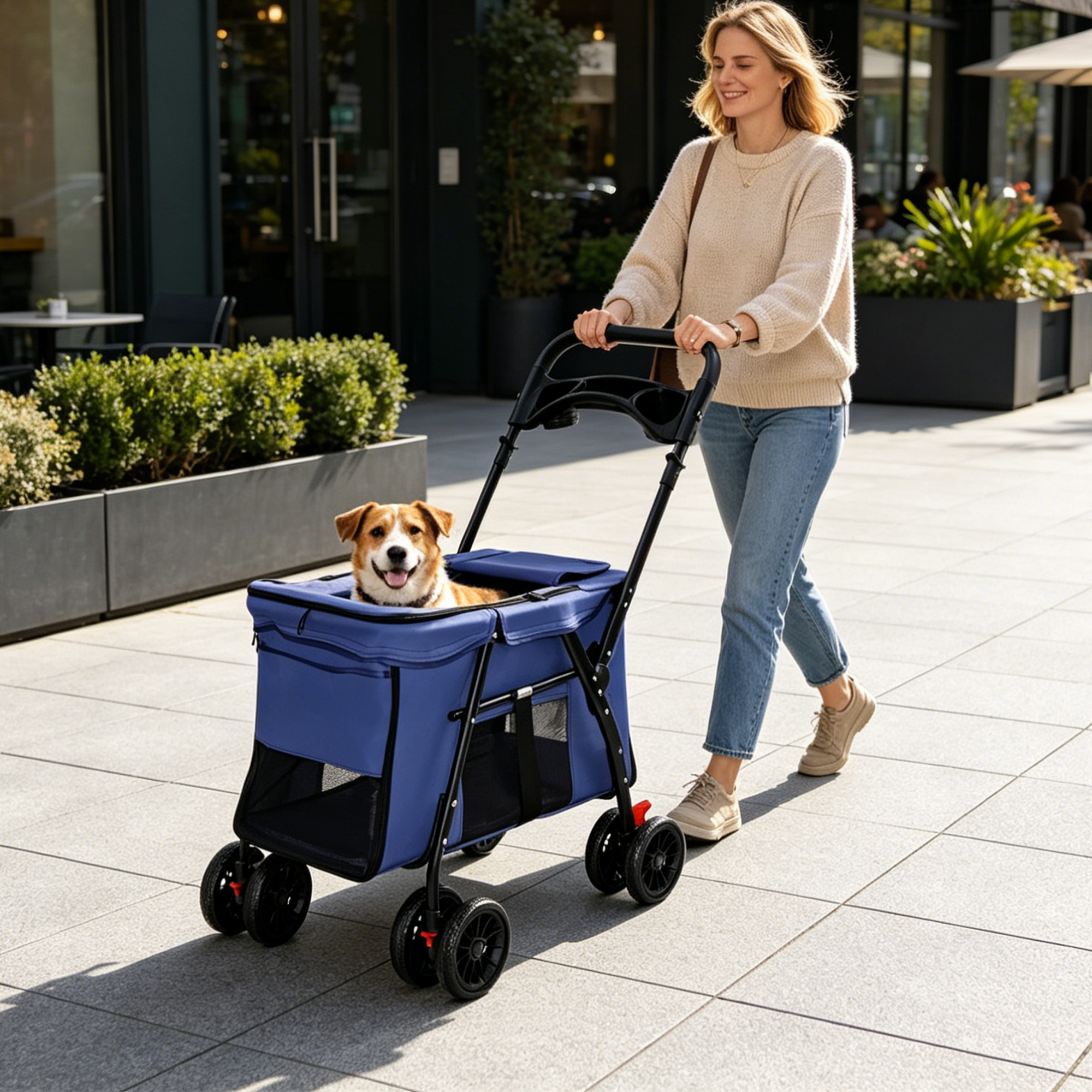 Pet Stroller, Foldable 4-Wheel Design, Breathable Mesh Dog Cat Stroller with Shockproof Wheels, Brake System, Storage Tray, 2 Fixed Safety Leashes, Large Space for Small Medium Pets, Navy Blue — image 3
