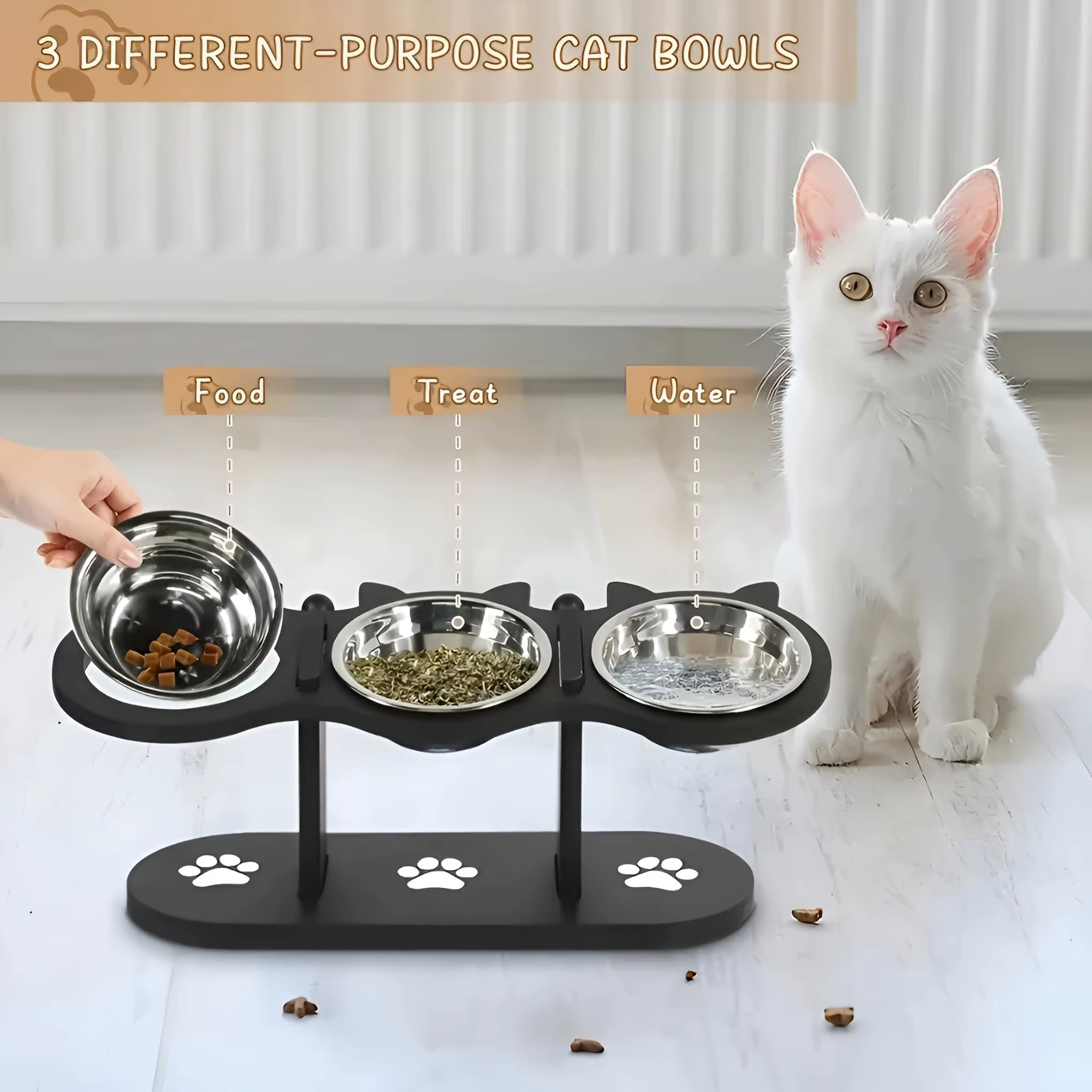 Elevated Cat Food Bowl with Black Wooden Support Frame Stainless Steel Cats Bowls 15° Stand Sloped Feeding & Watering Supplies — image 3