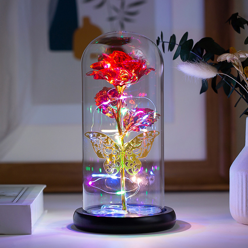 Golden Butterfly Immortal Flower Glass Cover Rose Glowing Gold Foil Rose Christmas Valentine's Day — image 5