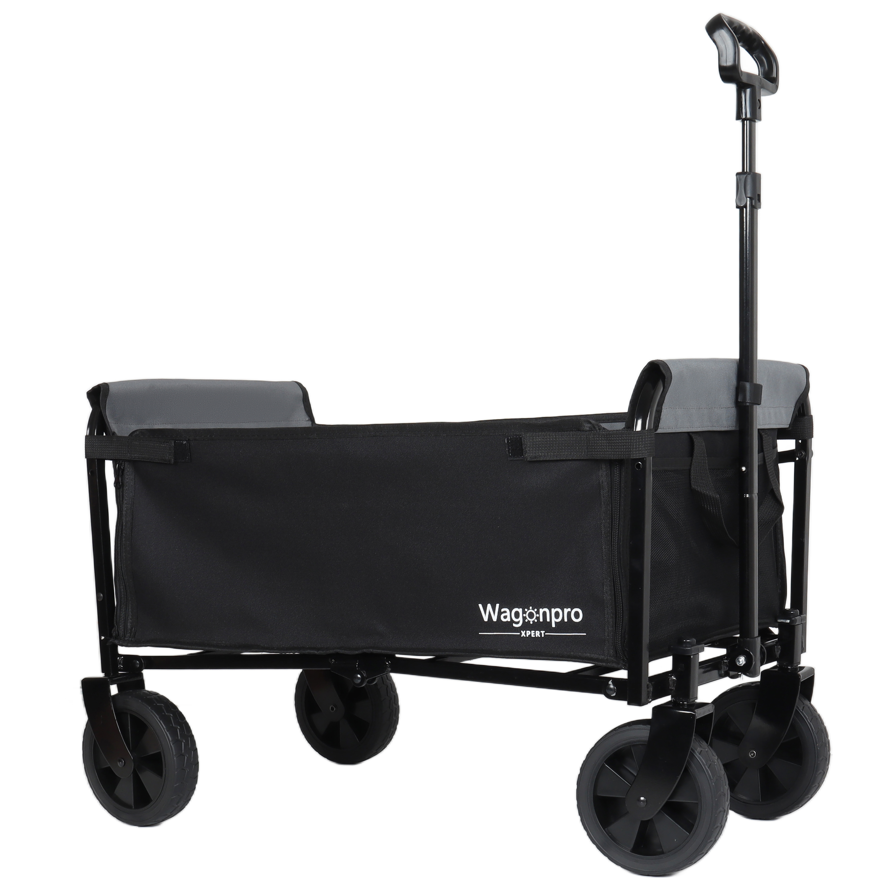 All- In- One Convertible Folding 4- Wheel Trolley With Bench Seat And Dog Leash - Heavy Duty Foldable Utility Trolley For Camping Beach Shopping - Versatile Seating And Storage Space Black Gray — image 2