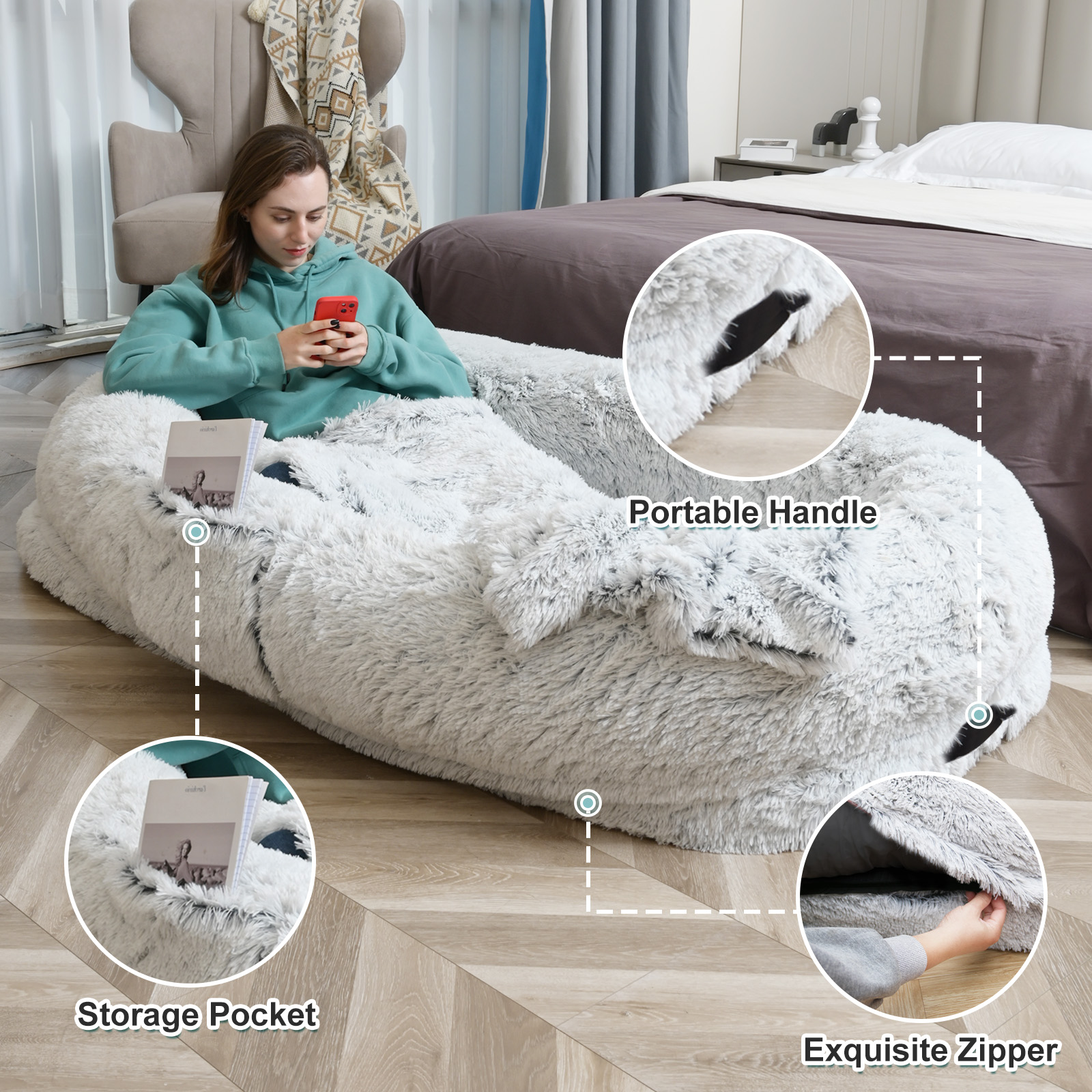 Cama para Humanos y Mascotas - 63'' x 31.4'' x 9.5'' Caja de Descanso con Felpa Sintética Lavable, Soporte Óptimo, Incluye Almohada &amp; Edredón — imagen 2