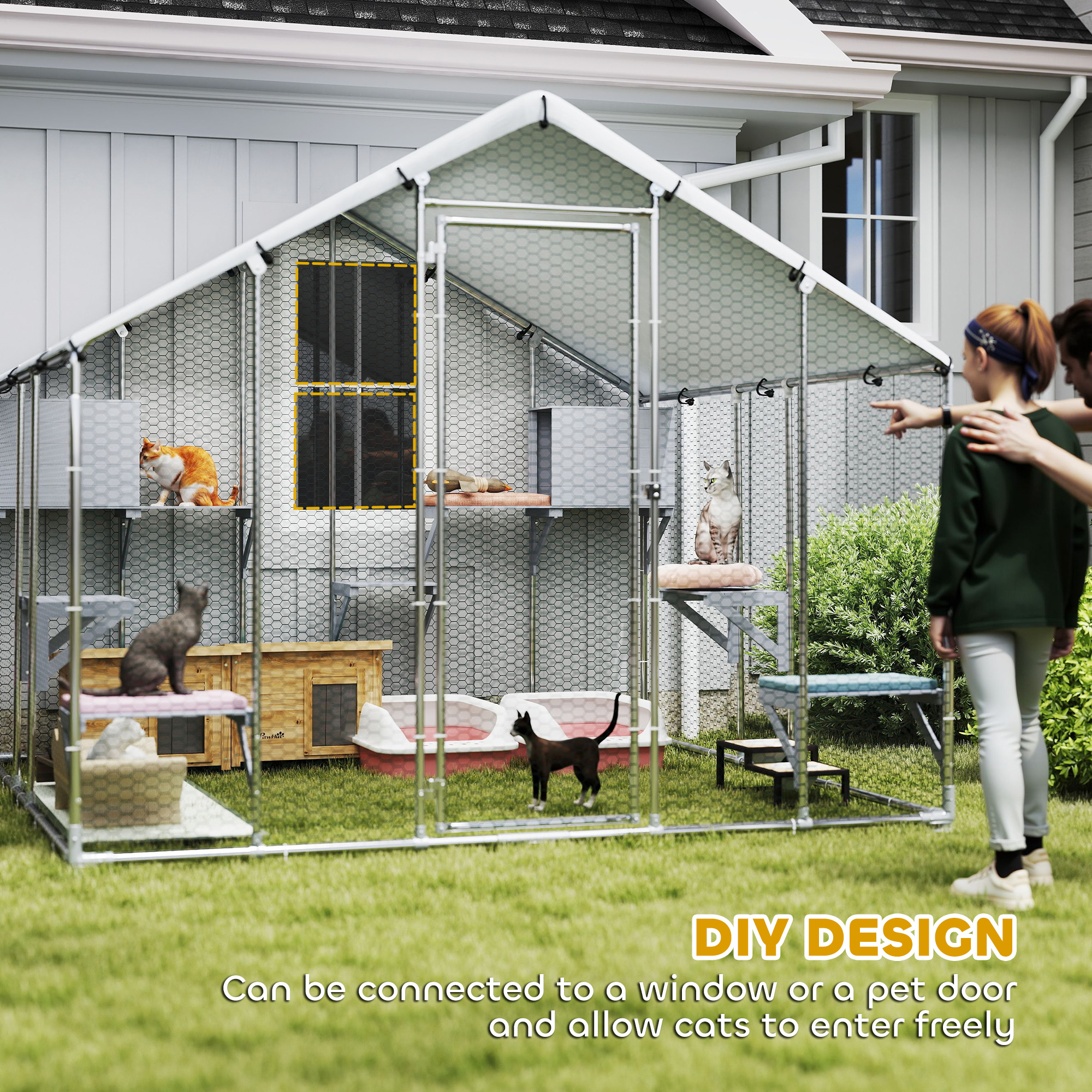 Catio Metálico Exterior Extra Grande de 95" con Cubierta Impermeable, 2 Cajas de Descanso, 7 Plataformas para Saltar, para Múltiples Gatos — imagen 6