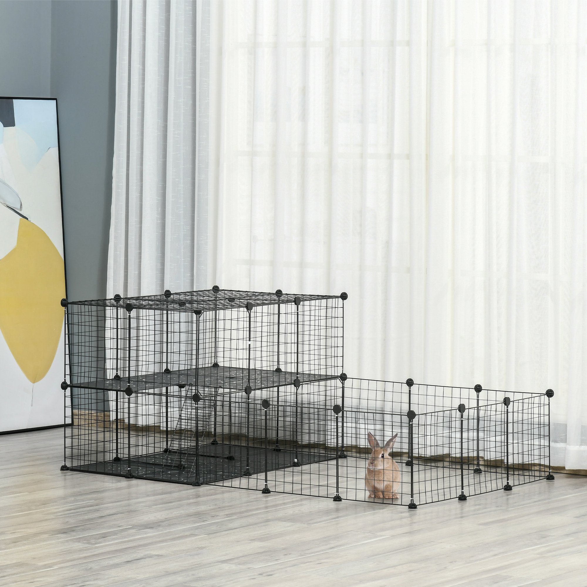 Cubo de Juego para Mascotas con Puerta, Cárcel de Red Metálica con Martillo, Negro