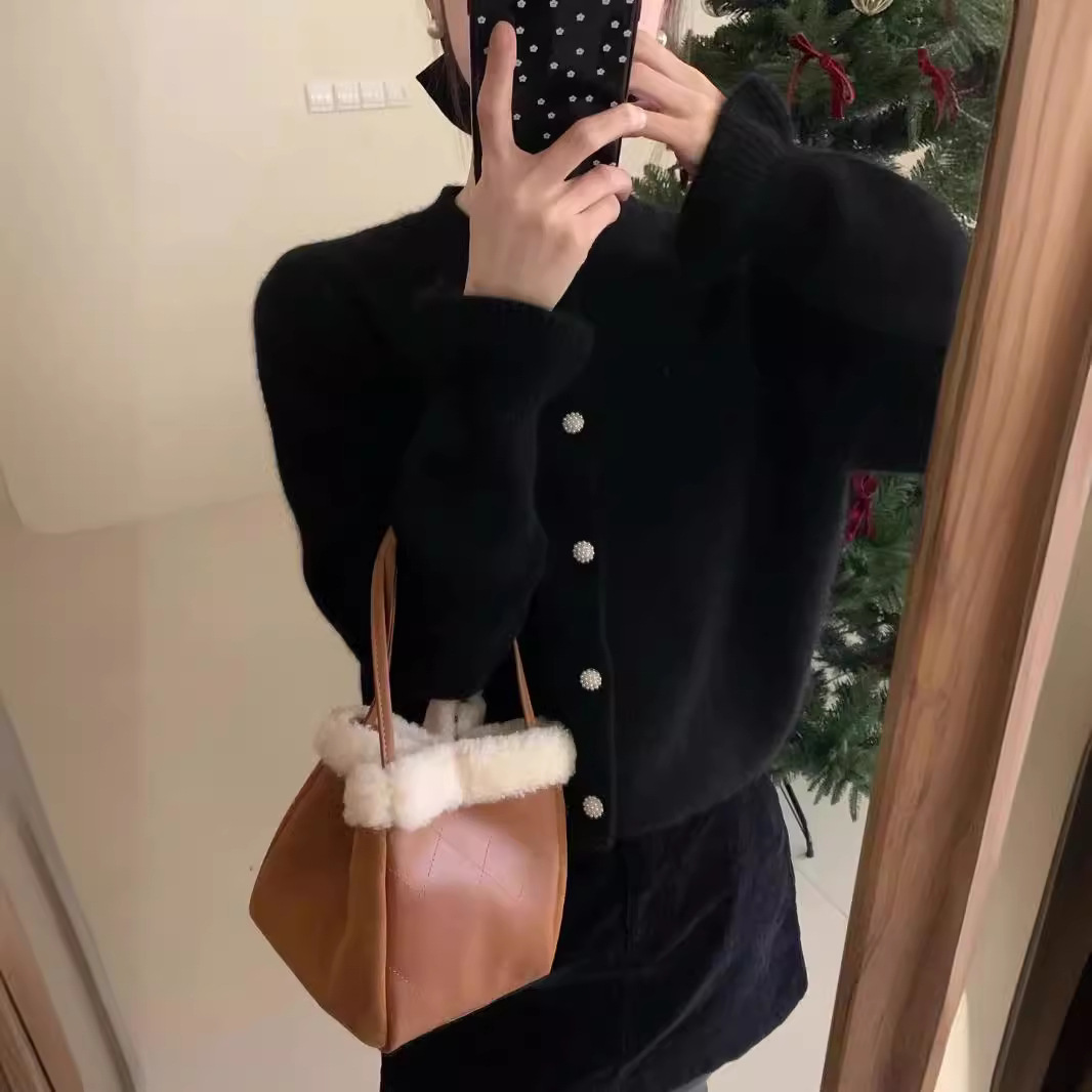 Women's Raccoon Plush Round Neck Cardigan - Purple Bud Sleeve Lightweight Knit Sweater Top — image 3