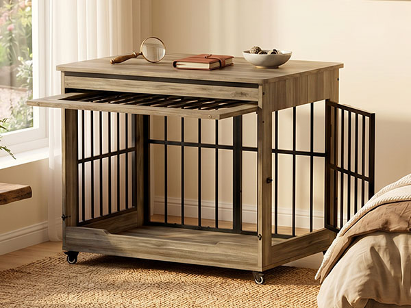 Large Dog Crate Furniture, Double Door Wooden Indoor Dog Kennel Furniture, Decorative Pet Cage End Table With Wheels For Extra Large Breed Dogs, Size 2XL, Greige — image 24