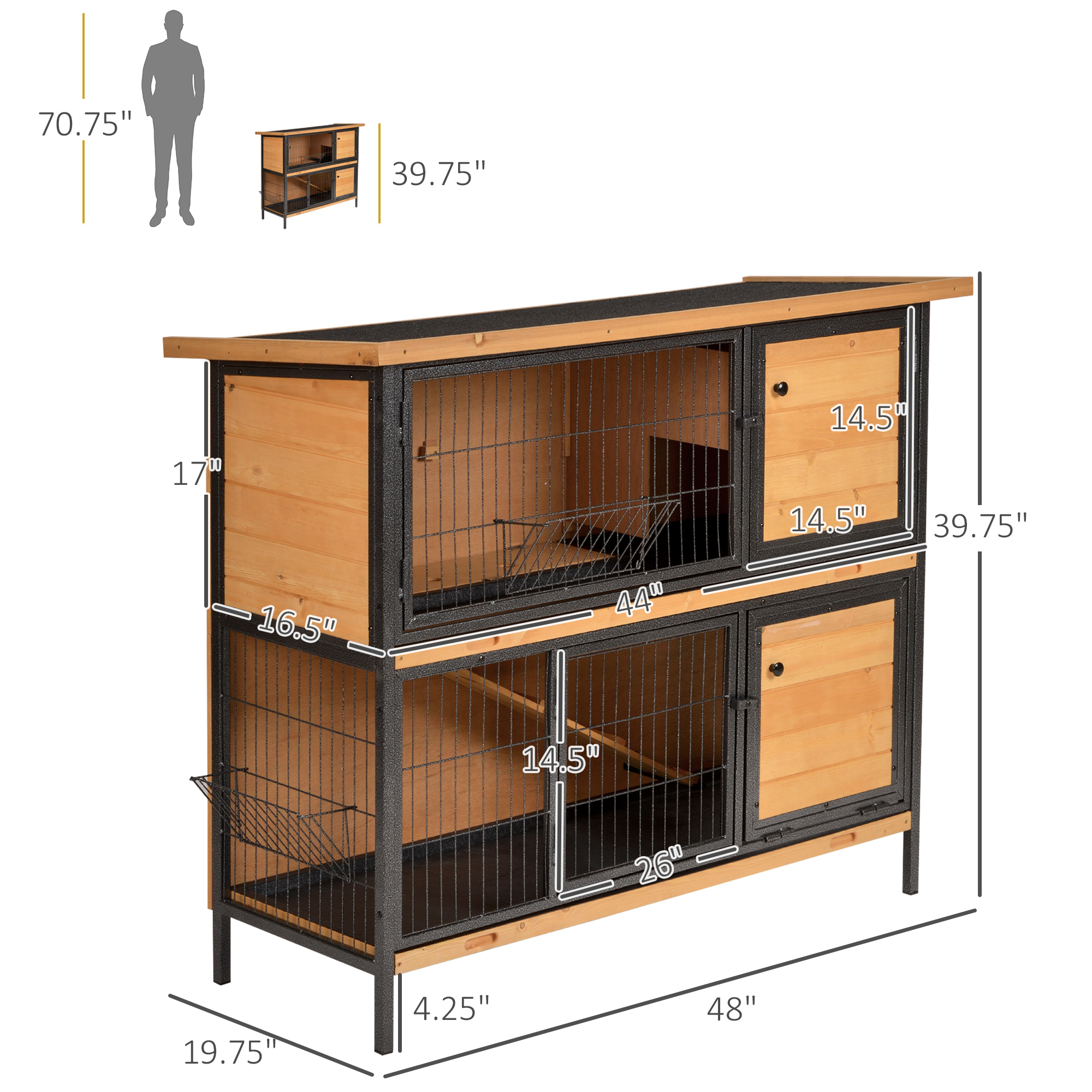 Conejera Grande de 2 Pisos de 48", Jaula de Madera con Estructura Metálica, Habitaciones, Rampa, Bandeja Antifugas, Comedero y Techo de Asfalto Impermeable para Conejos, Gallinas, Patos, Interior/Exterior — imagen 3