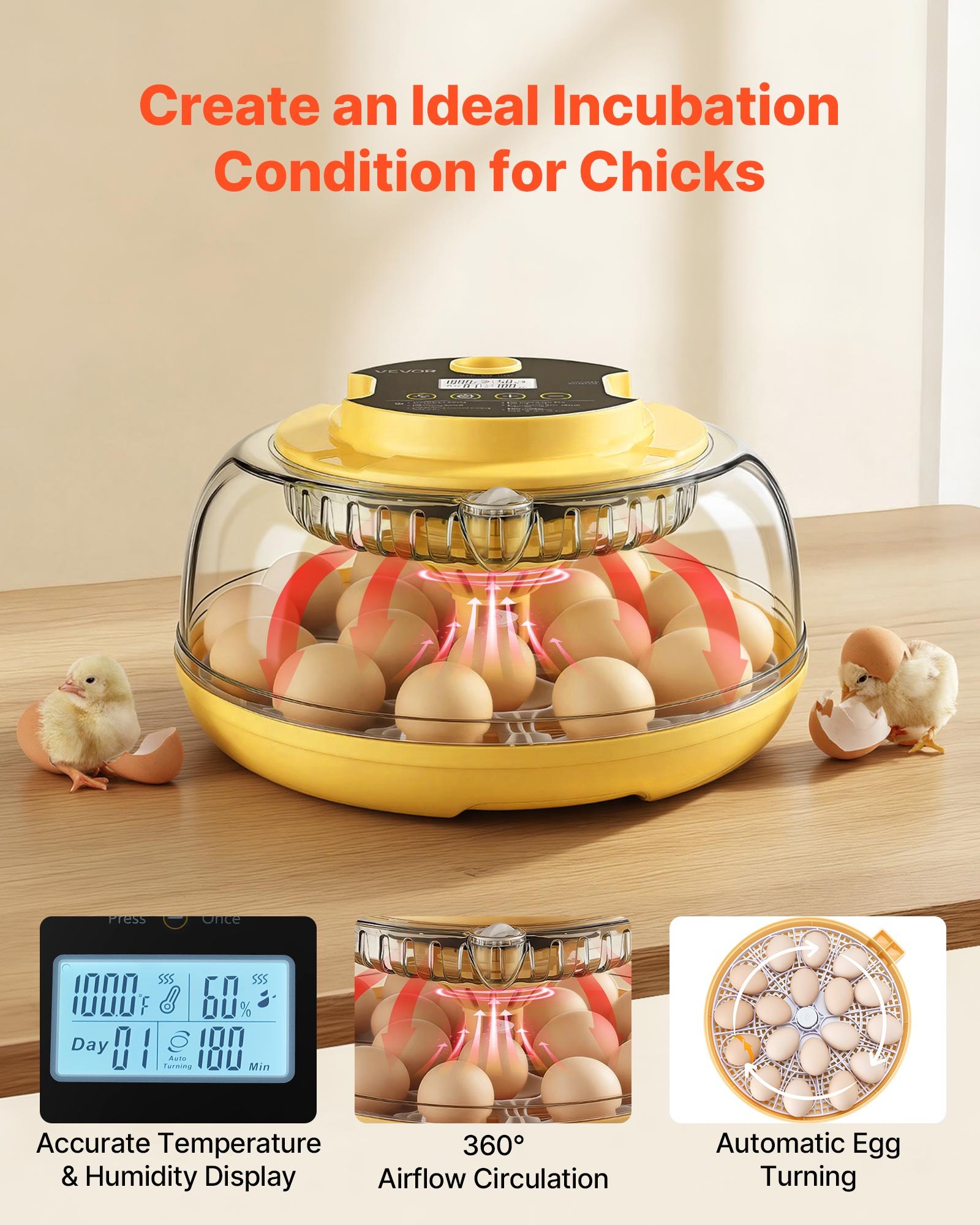Incubadora de 18 Huevos Automática con Rotador de Huevo LED, Control de Temperatura y Humedad, Ventana de Visión 360° Claro, Relleno de Agua Automático para Incubar Pichones, Gansos, Cisnes, Codornices — imagen 3