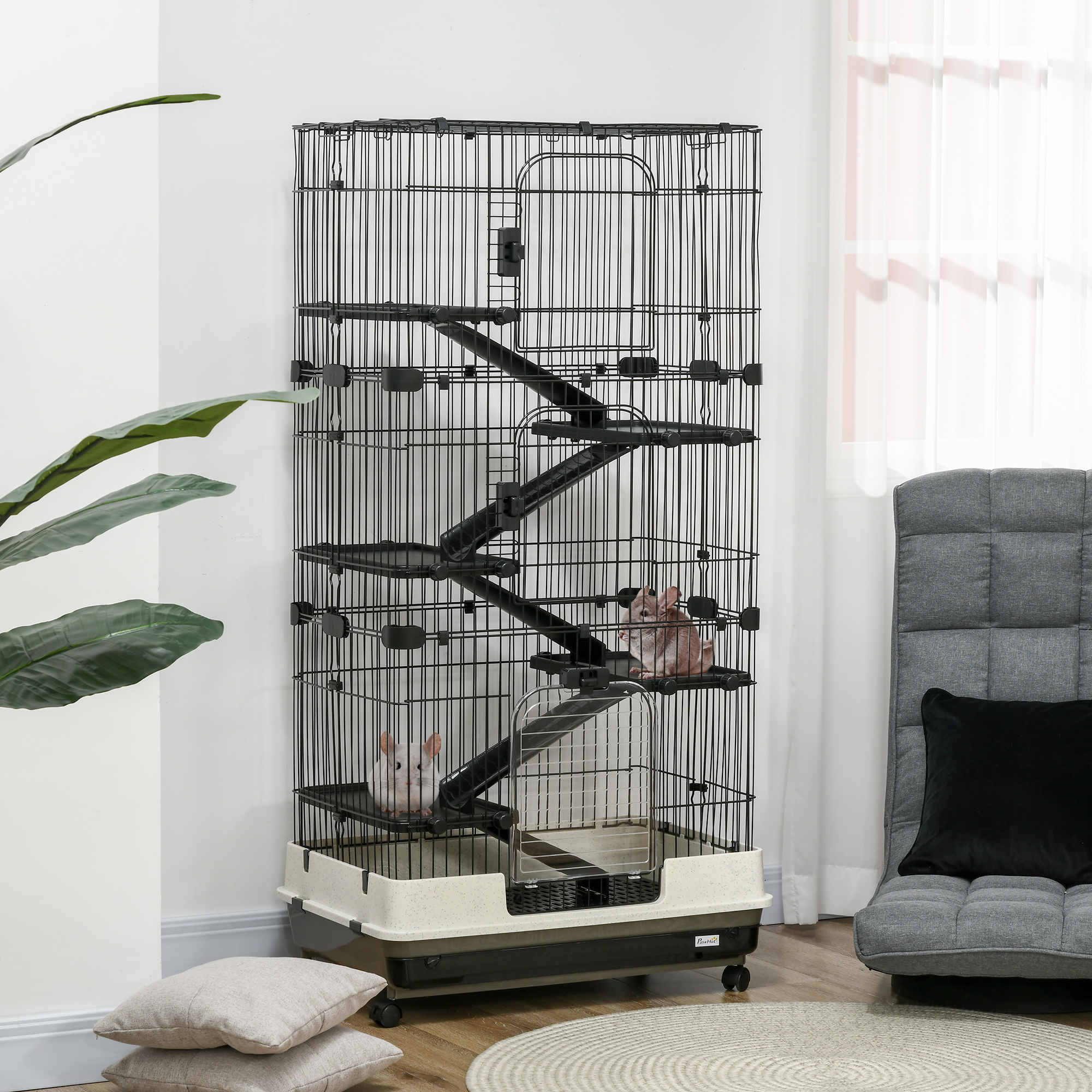 L 6-Level Small Animal Cage Rabbit Hutch with Universal Lockable Wheels, Slide-out Tray for Bunny, Chinchillas, Ferret, Black — imagen 8
