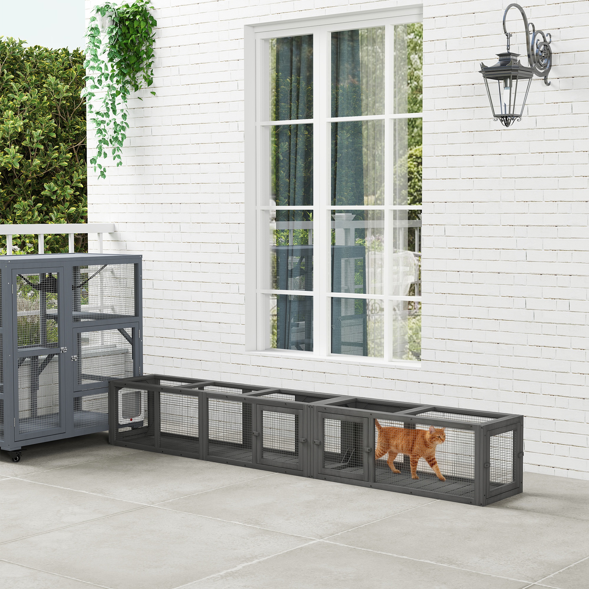 Wooden 98" Cat Tunnel for Outdoor with Combinable Design, 8 Doors, Dark Gray — image 4