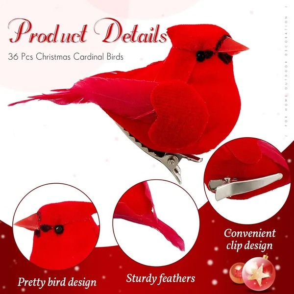 36 Piezas de Cardenal Rojo con Clip para Árbol de Navidad, Mini Adorno de Aves Artificiales de Plumas Rojas, Manualidad de Pájaros para Decoración Navideña, Hogar, Exterior y Coronas (Estilo Clásico) — imagen 1