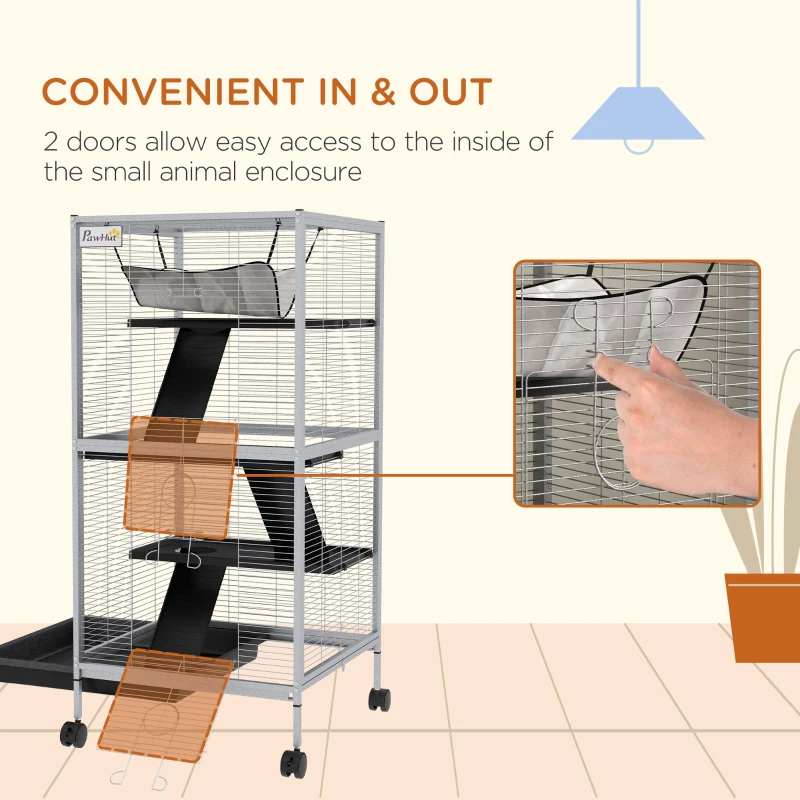 PawHut Rolling Small Animal Cage With Hammock, Ferret Cage, Chinchilla Cage, Pet Habitat With 6 Doors, Removable Tray — imagen 4