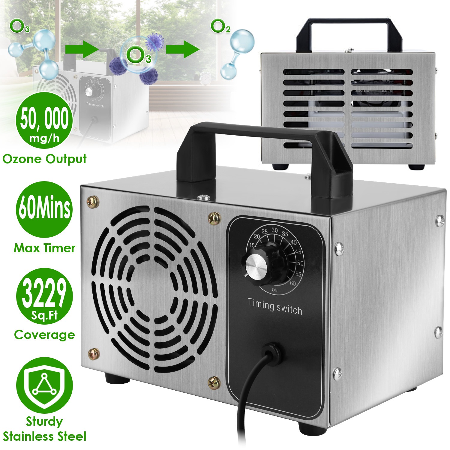 Generador de ozono 110W 50000mg/h con temporizador de 60 minutos para eliminar olores y ionizar aire hasta 3229 pies cuadrados — imagen 1