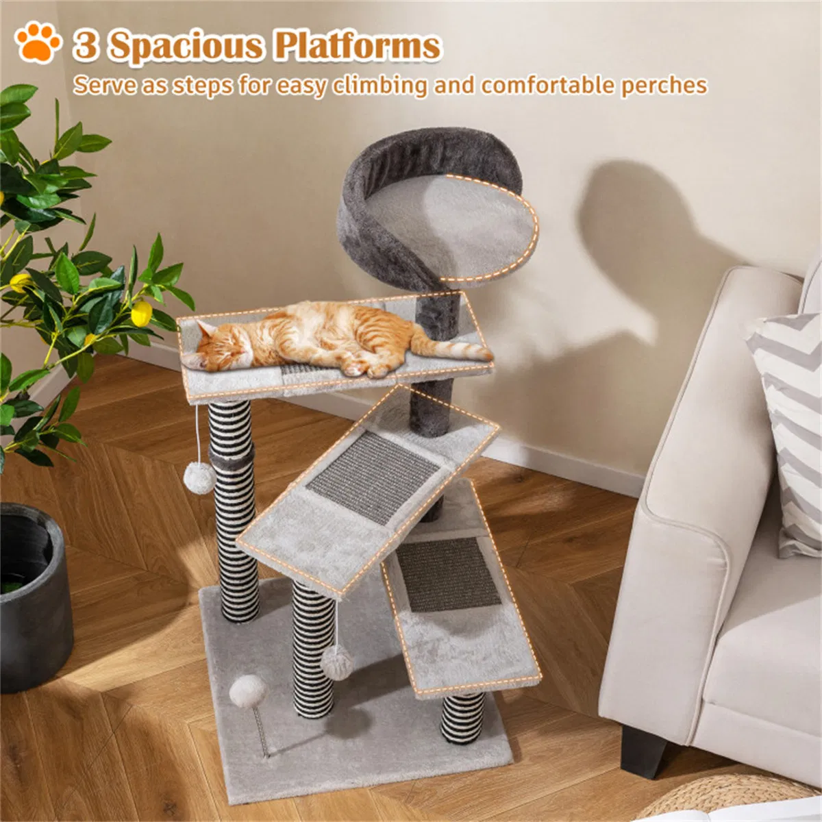 37" tall Cat Stairs with Scratching Mats - 3-Tier Perches, Spring Ball & Dangling Toys for Cats — image 9