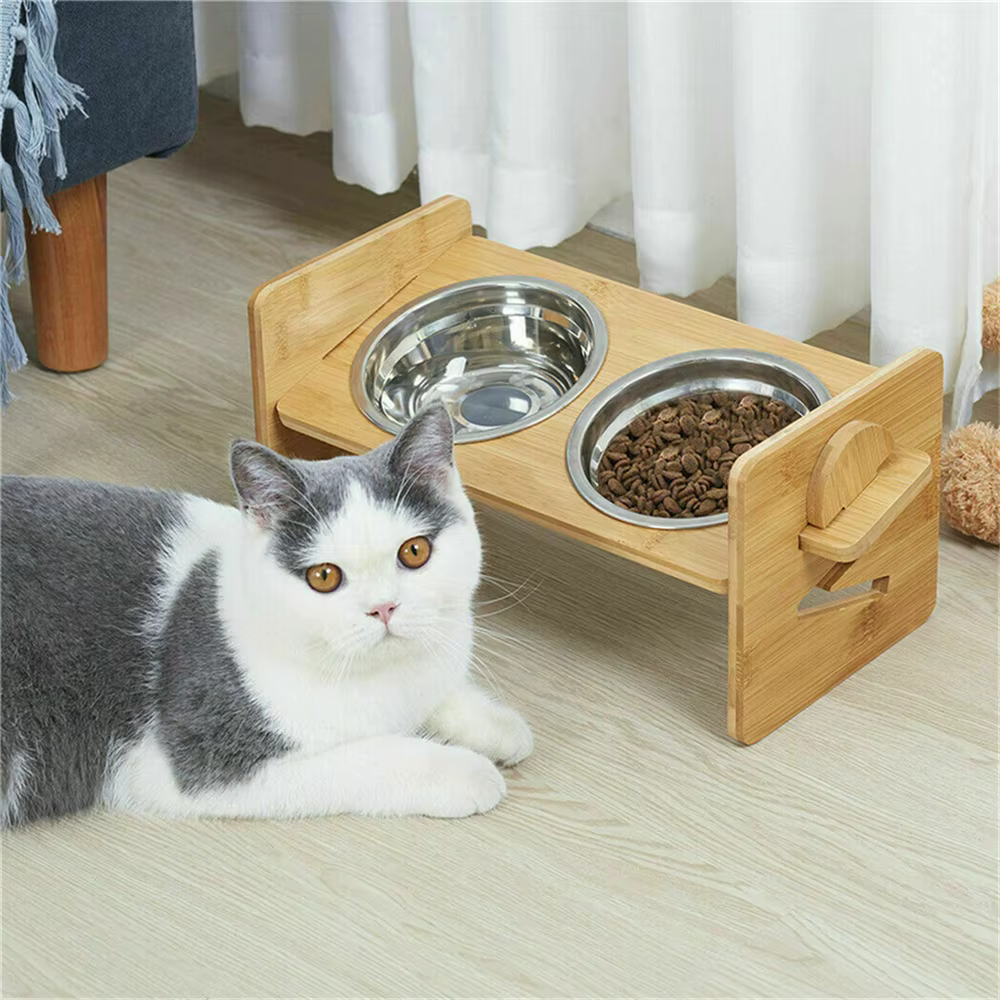 Elevated Dog Bowls with Stand Raised Dog Bowls 4 Heights Adjustable Dog Bowls Bamboo Dog Feeding Station 2 Stainless Steel Bowls — image 3