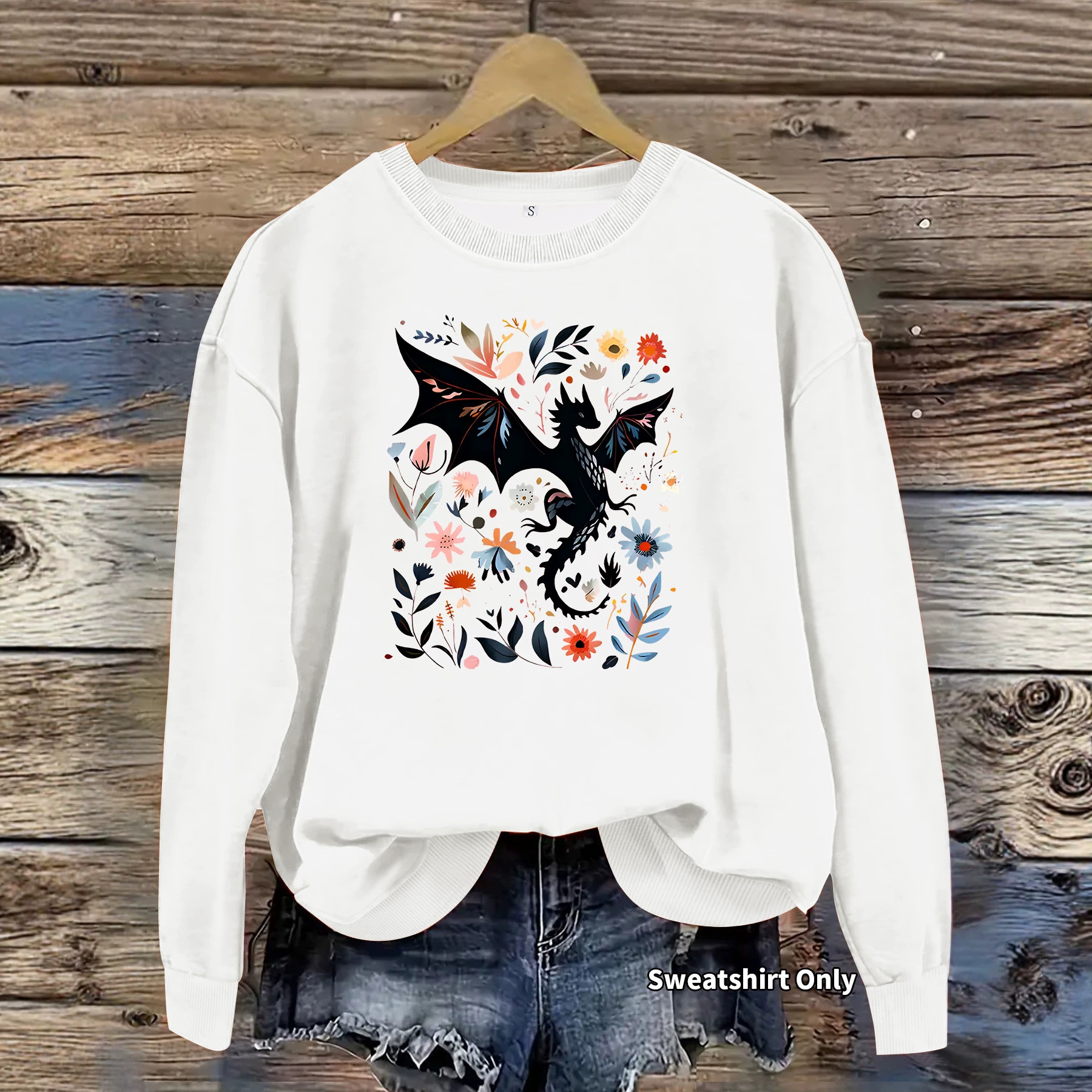 Dragon pattern and floral print round neck fleece hoodie — image 4