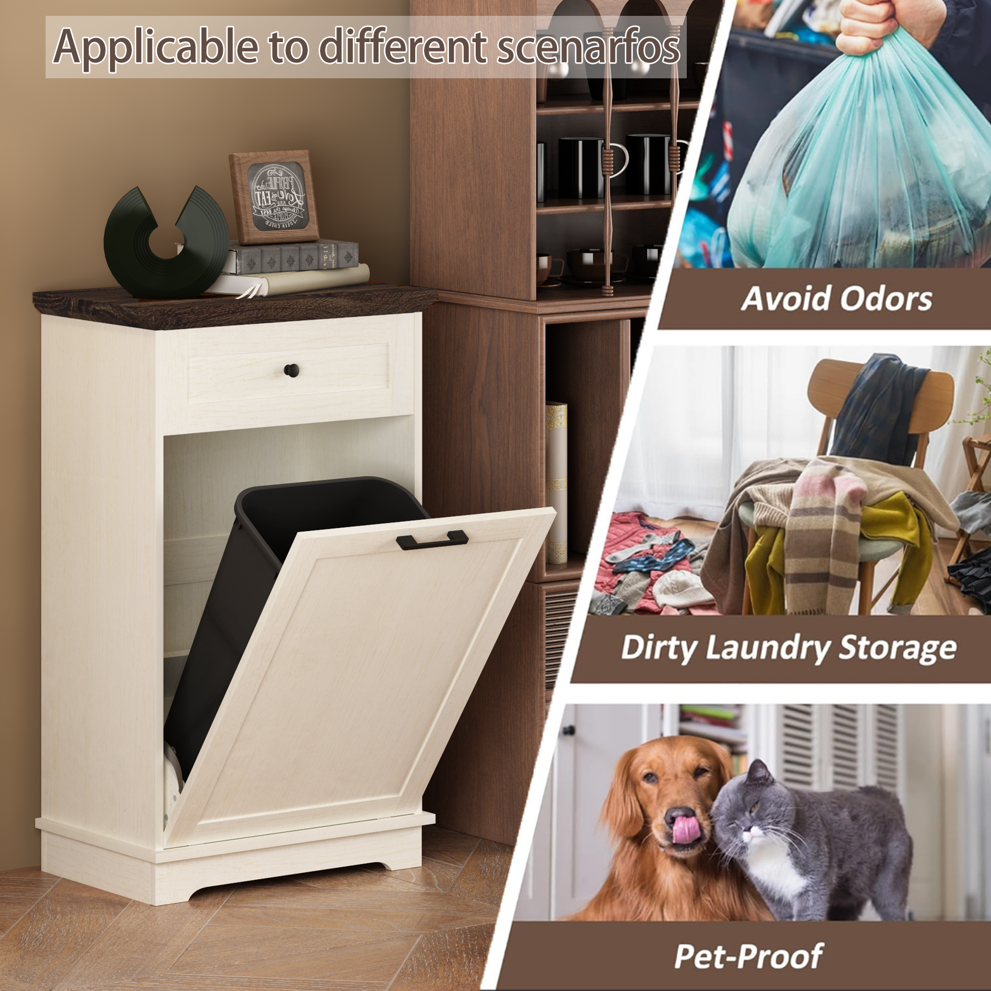 Mueble Basculante para Basurero de 10 Galones, Mueble Independiente para Bote de Basura, Mueble de Madera para Basura y Reciclaje con Cajón, a Prueba de Mascotas, para Cocina y Sala de Estar, Blanco Antiguo (No Incluye el Bote de Basura) — imagen 14