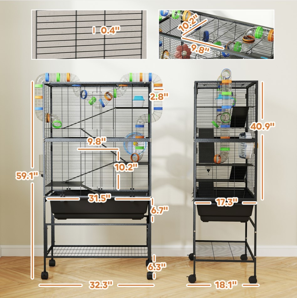 5 Tier Hamster Cage, Rolling Rat Cage With Deep Tray, Storage Shelf, Big Exercise Wheel, Hut, Tube System — image 6