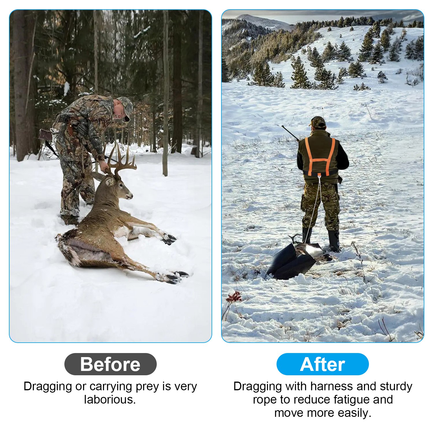 Deer Drag Sled With Dragging Harness Deer Cart Game Hauler Snow Sledding Pad Hunting Gear Supplies With 32.8FT Black Rope 16.1FT White Rope For Hunting Ice Fishing Hauling Fire Wood — imagen 8