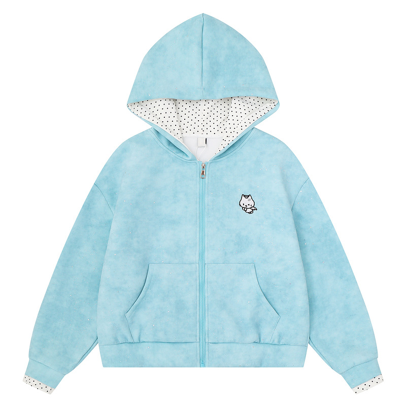 Light blue sparkling kitten embroidery hooded cardigan for women — image 2