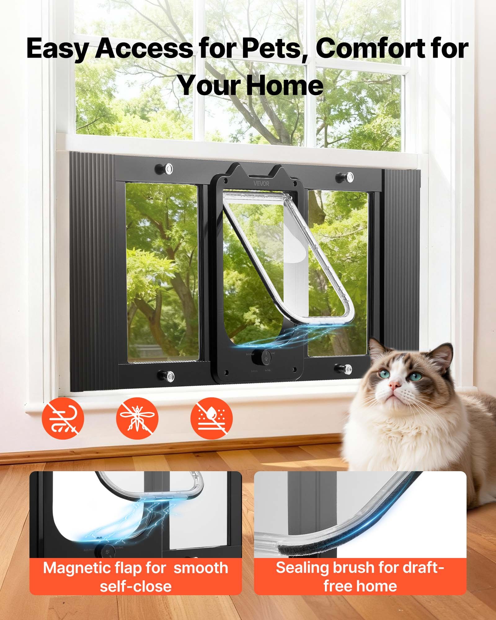 Puerta para Gatos en la Ventana, Ajustable 31"-36", 4 Modos de Bloqueo Seguros, Estructura de Aluminio y Vidrio de Alta Transparencia, Cierre Magnético, Puerta Rápida y Resistente al Tiempo para Mascotas, Negro — imagen 3