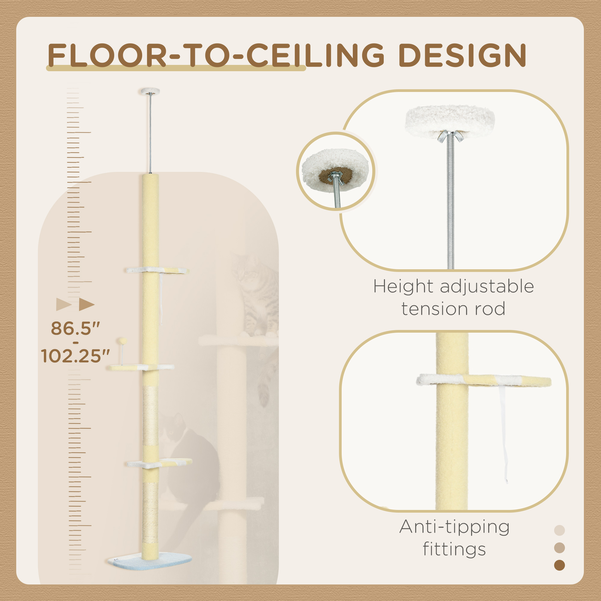 Árbol para Gatos de 4 Niveles del Piso al Techo, Altura Ajustable de 87 a 103 Pulgadas — imagen 4