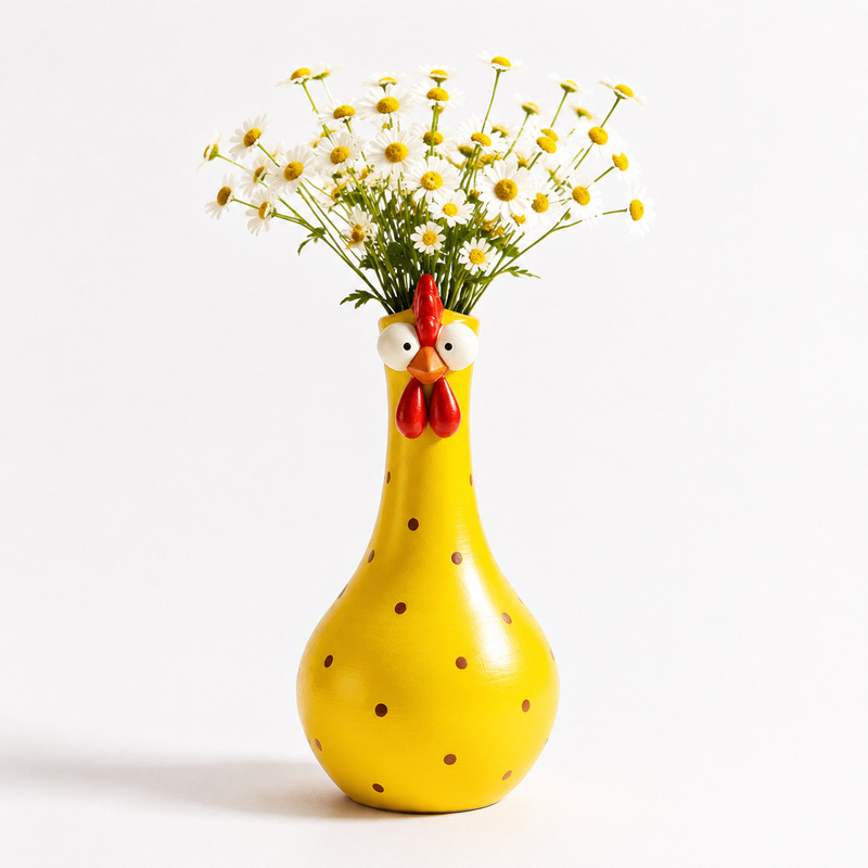 Hand-Painted Rooster Vase Sculpture | Long Neck Cartoon Rooster Decor with Colorful Polka Dots | Waterproof Resin Home Accent — image 1