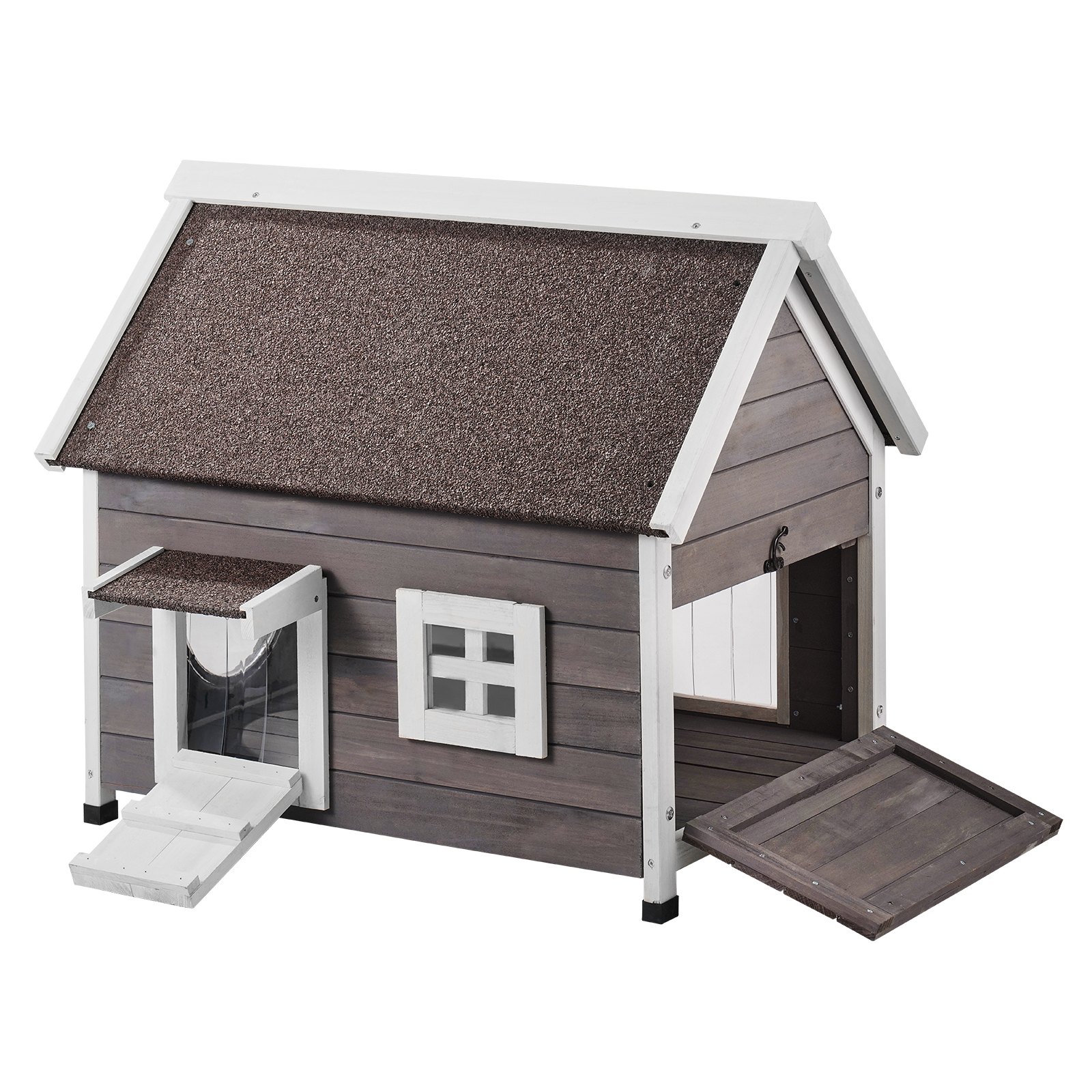 Casa para Gatos al Aire Libre Resistente al Tiempo, Refugio para Gatos Ferales para Varios Gatos, Casa de Madera para Gatos con Puerta Grande y Flap PVC, Techo Abierto, Ventana Claro, 22"L x 30"W x 26"H — imagen 1