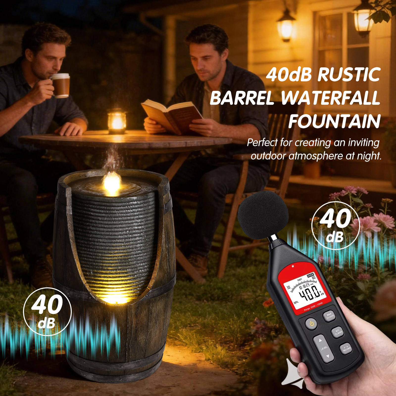 Fuente de Agua para Jardín con Bebedero para Pájaros, Barril Rustico con Luces LED y Bomba, Característica de Madera Falsa en Resina para Patio, Jardín o Porche — imagen 6
