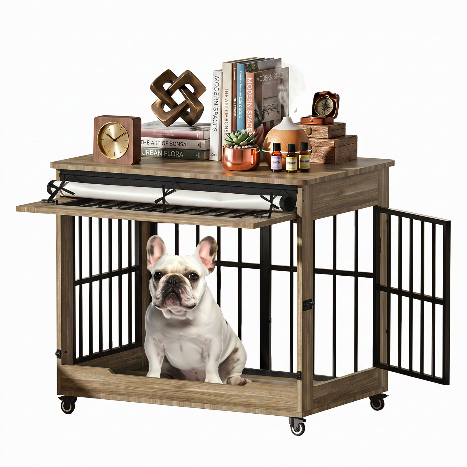 Dog Crate Furniture, Double Door Wooden Indoor Dog Kennel Furniture, Decorative Pet Cage End Table With Wheels For Large And Medium Breed Dogs, Size L, Greige — image 5