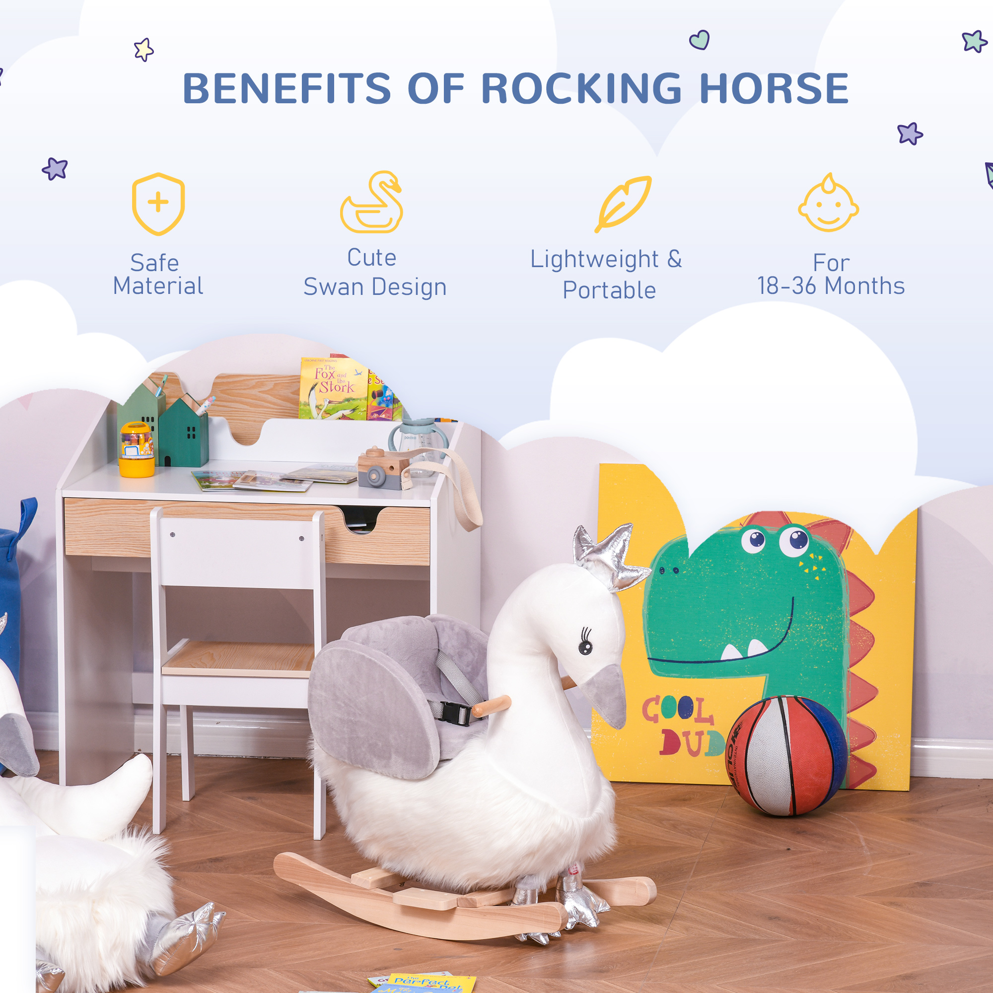 Caballo de Cisne para Niños con Sonido, Asiento Plush y Base de Madera, Correa de Seguridad para Bebés de 18 a 36 Meses, Blanco — imagen 3